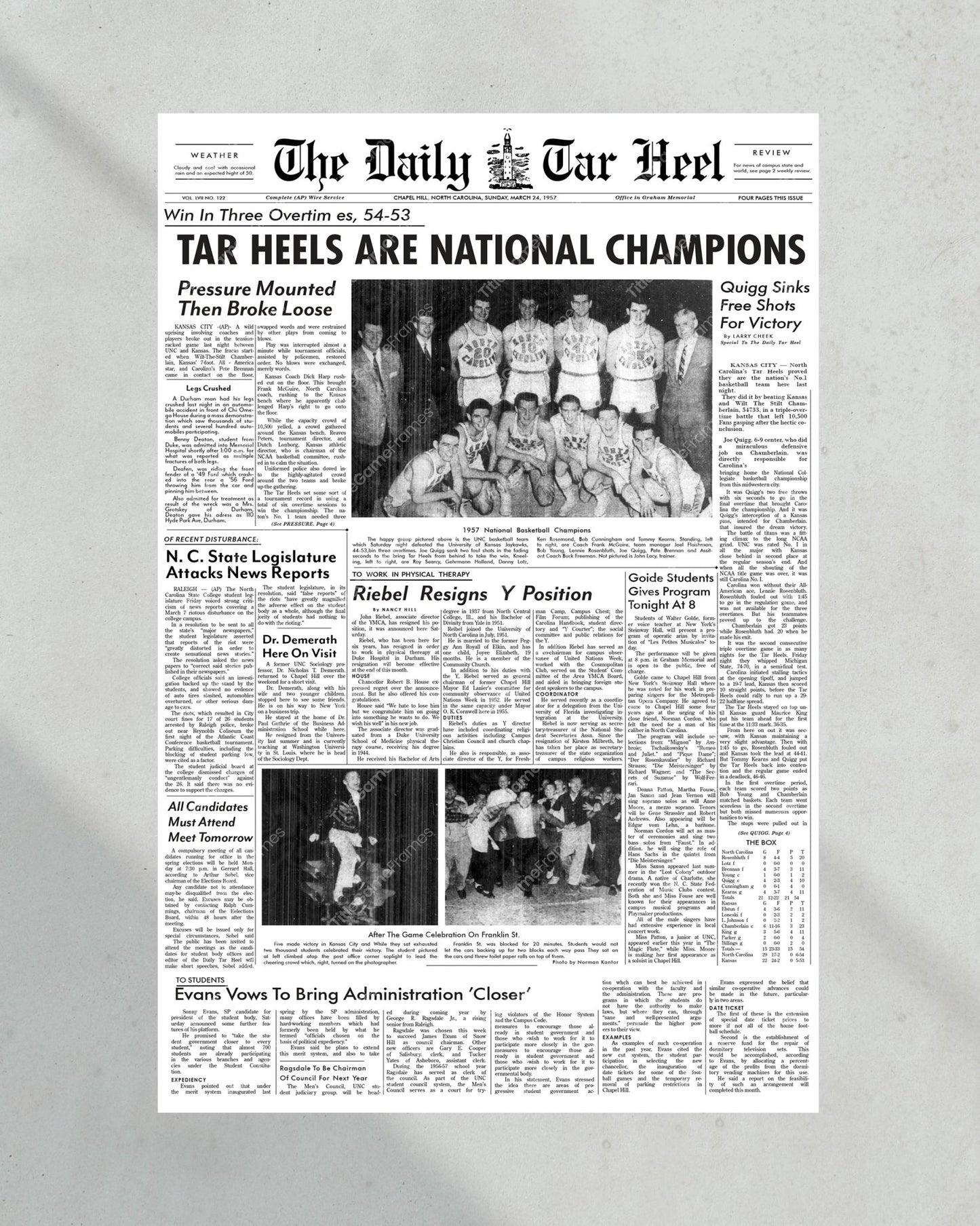 1957 North Carolina Tar Heels NCAA Basketball Champions Framed Newspaper - Title Game Frames