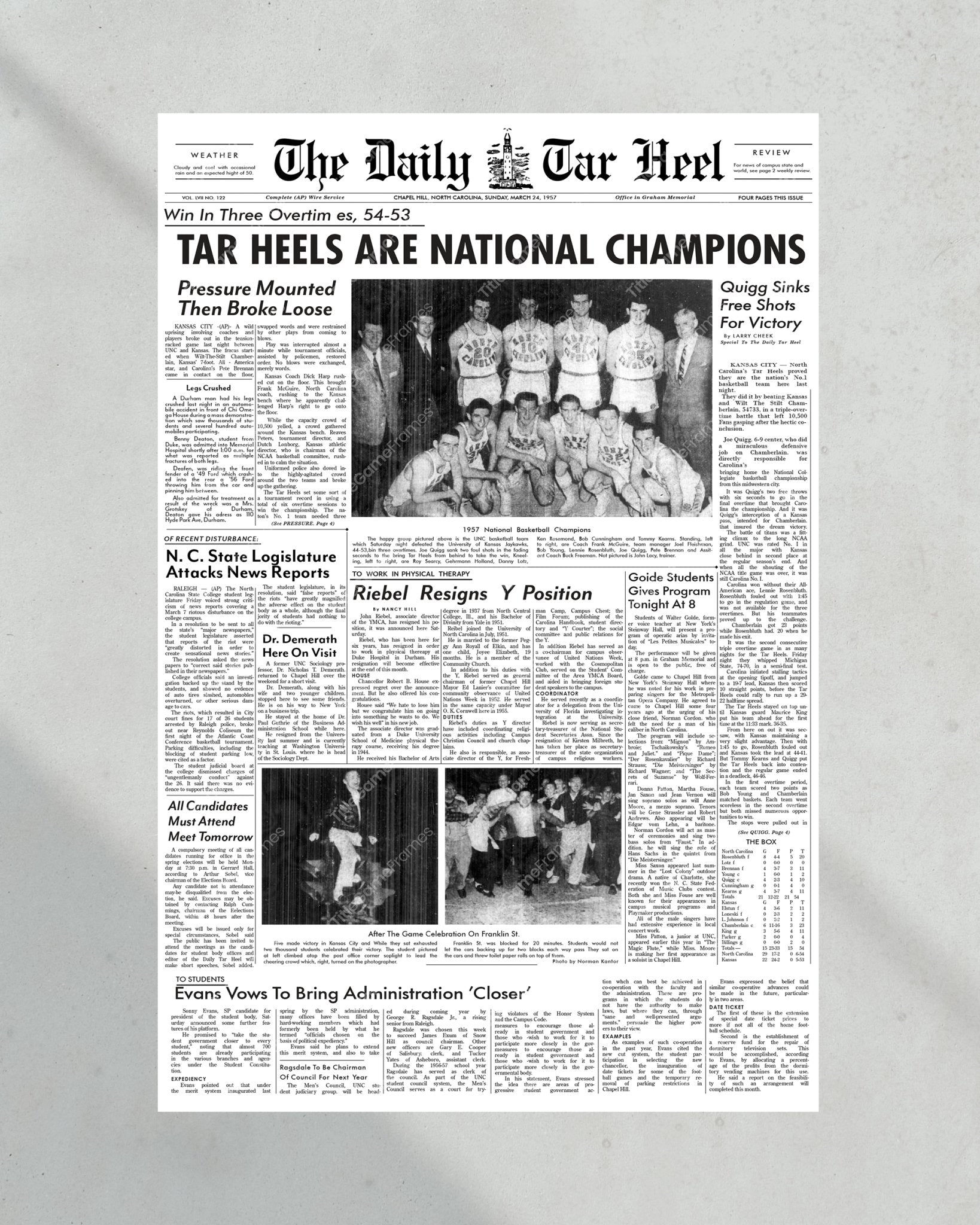 1957 North Carolina Tar Heels NCAA Basketball Champions Framed Newspaper - Title Game Frames