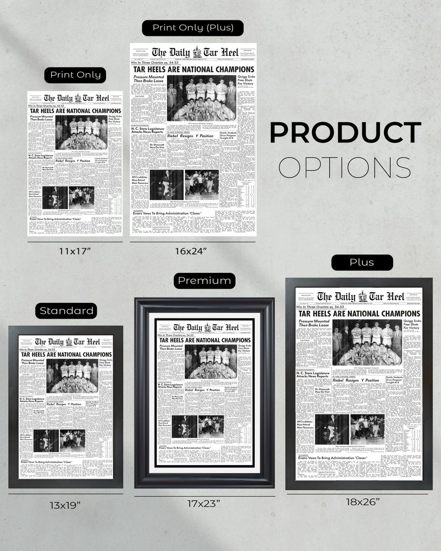 1957 North Carolina Tar Heels NCAA Basketball Champions Framed Newspaper - Title Game Frames