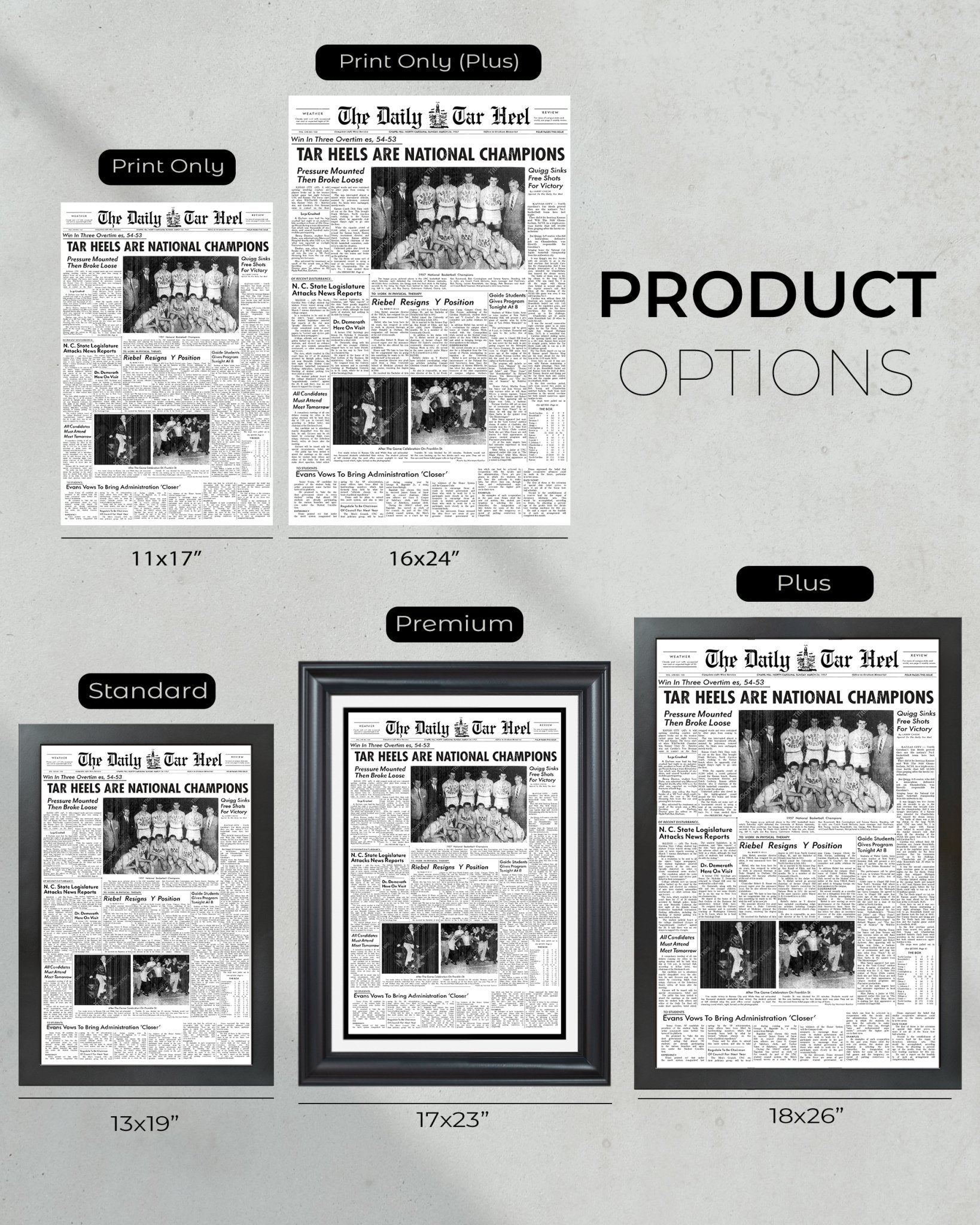 1957 North Carolina Tar Heels NCAA Basketball Champions Framed Newspaper - Title Game Frames