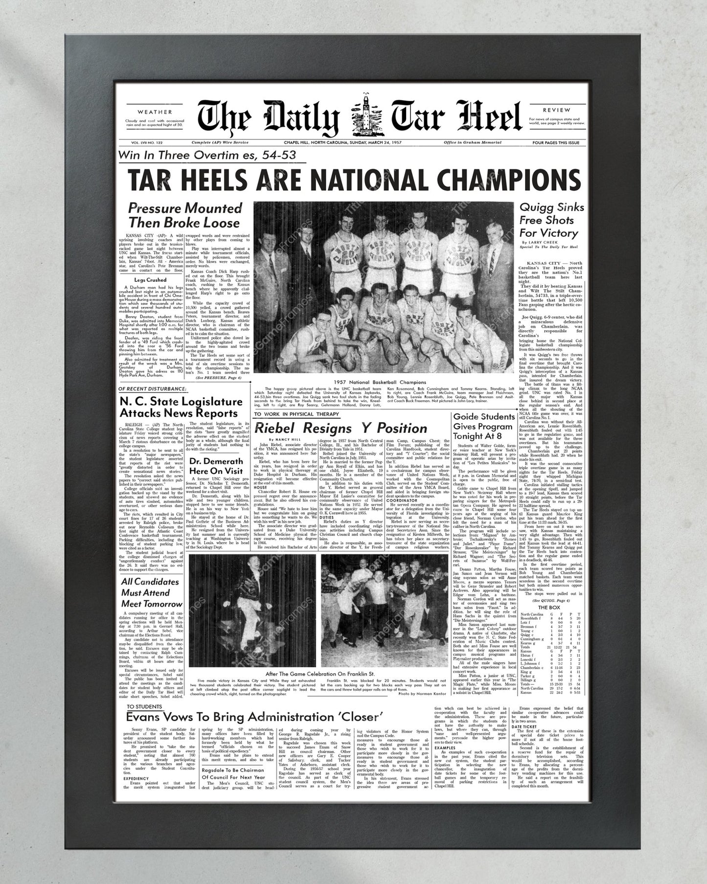 1957 North Carolina Tar Heels NCAA Basketball Champions Framed Newspaper - Title Game Frames
