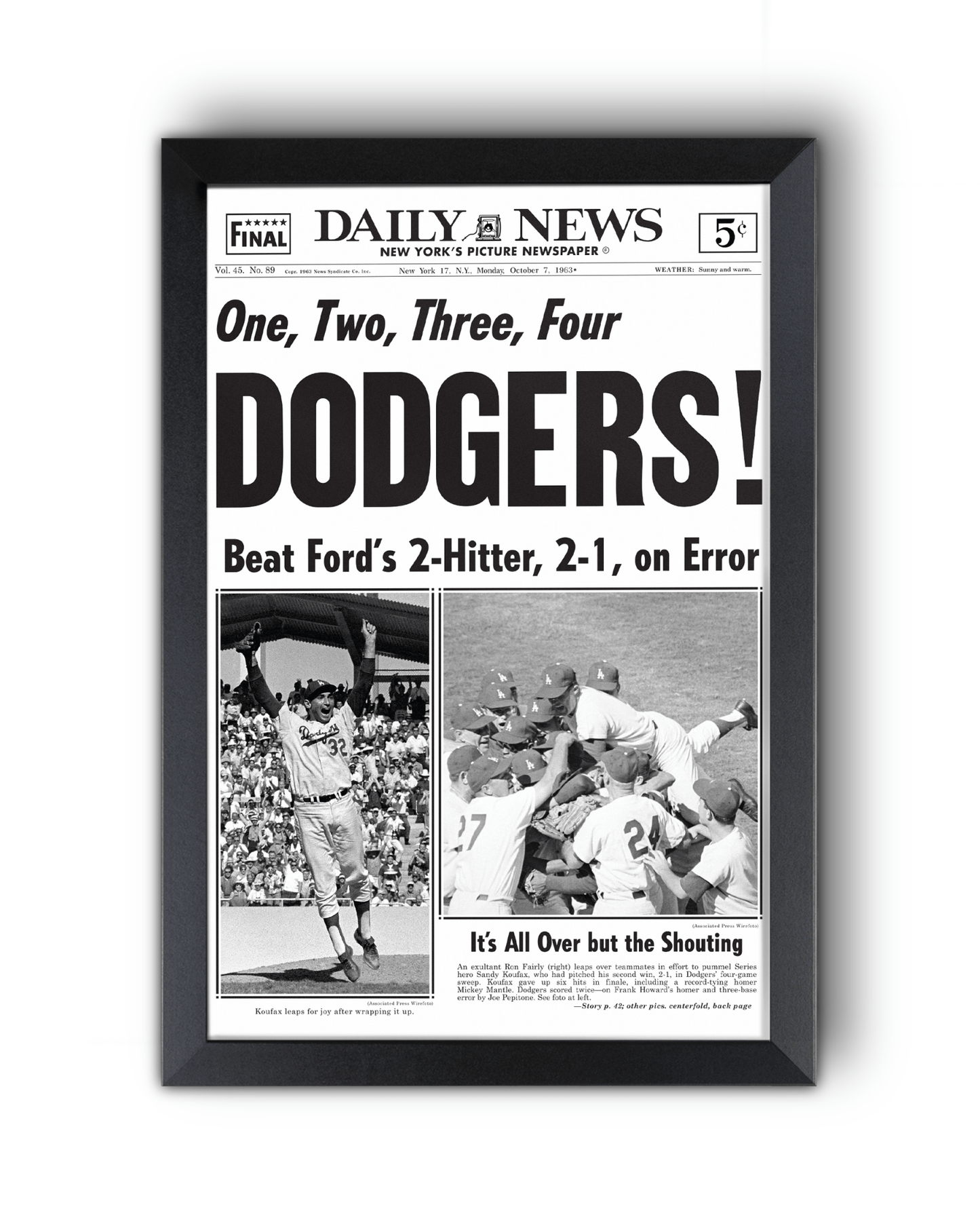 1963 LA Dodgers World Series Champs Framed Newspaper Print - TitleGameFrames.com