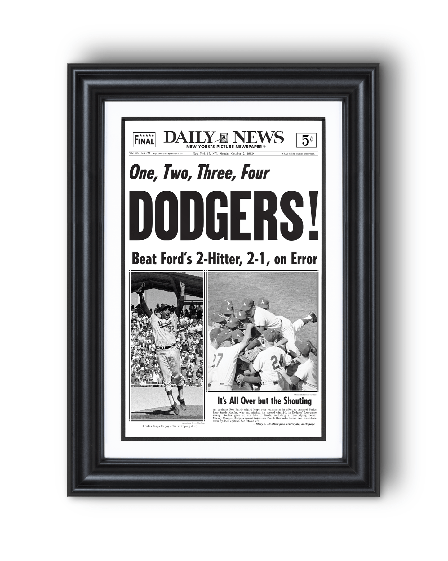 1963 LA Dodgers World Series Champs Framed Newspaper Print - TitleGameFrames.com