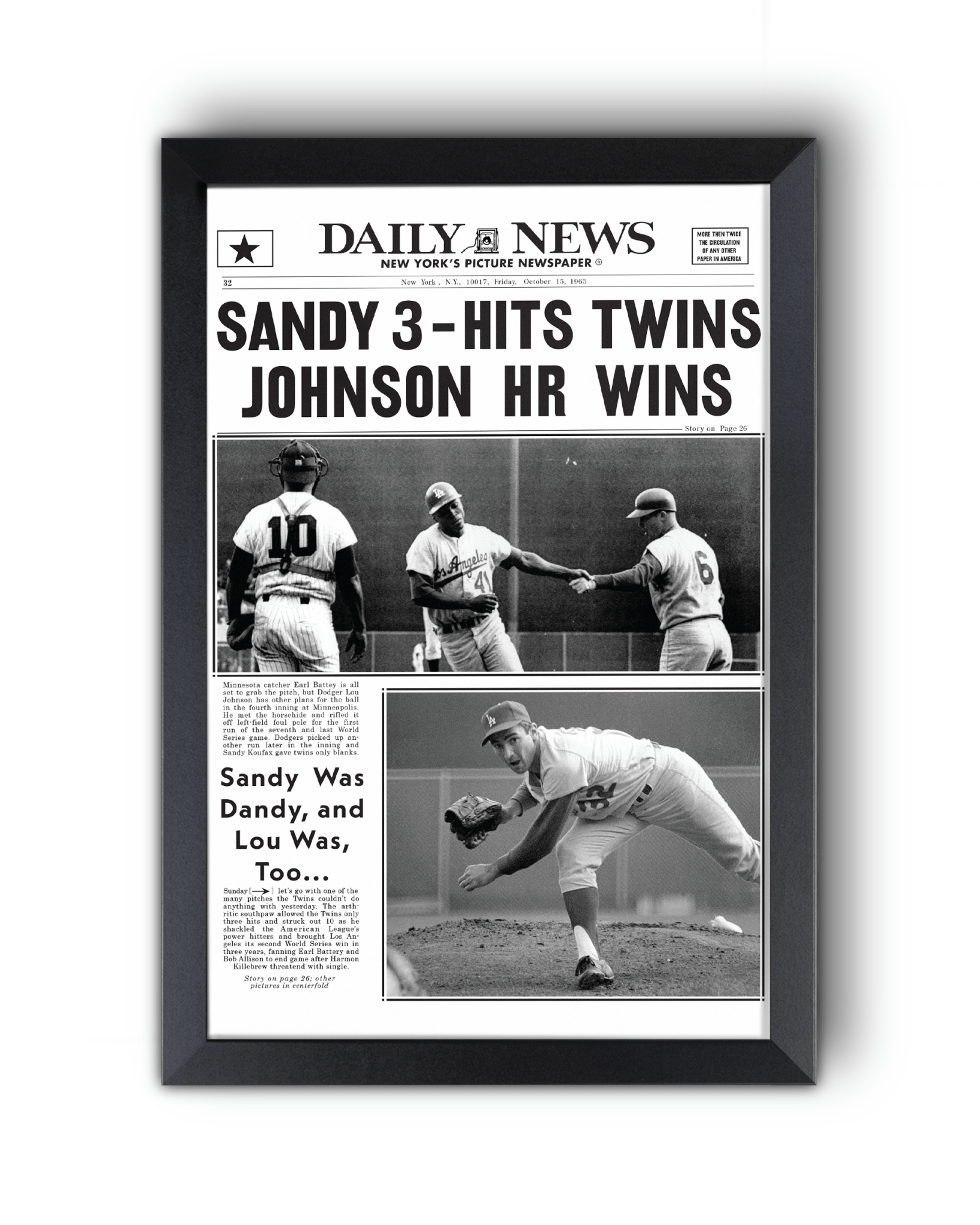 1965 LA Dodgers World Series Champions Framed Newspaper Print - TitleGameFrames.com