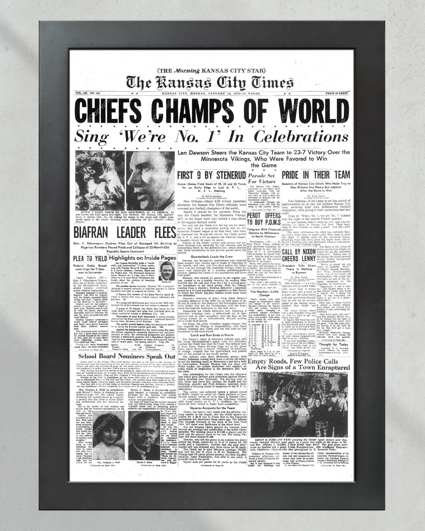 1970 Kansas City Chiefs Super Bowl Champions Framed Front Page Newspaper Print - TitleGameFrames.com