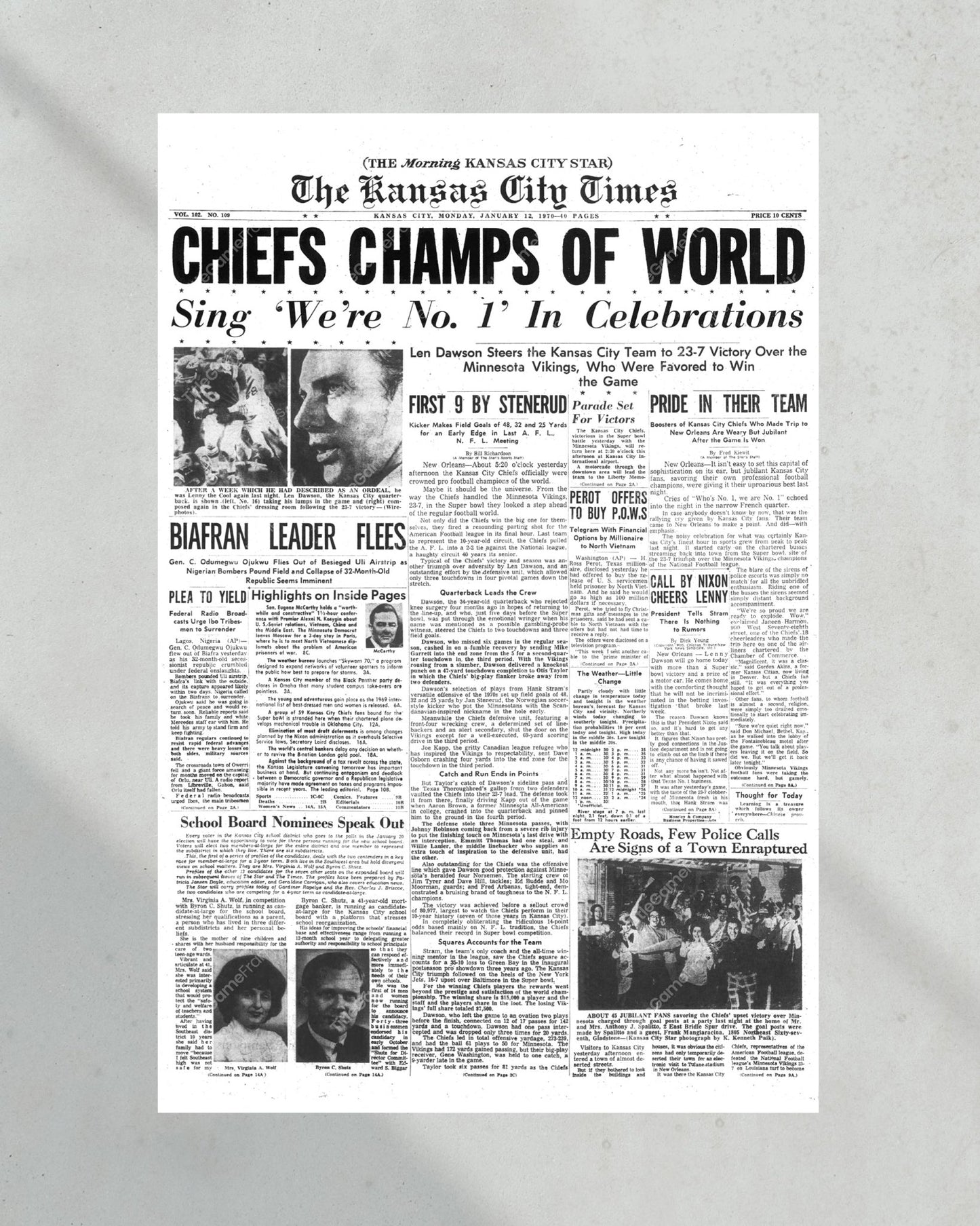 1970 Kansas City Chiefs Super Bowl Champions Framed Front Page Newspaper Print - TitleGameFrames.com