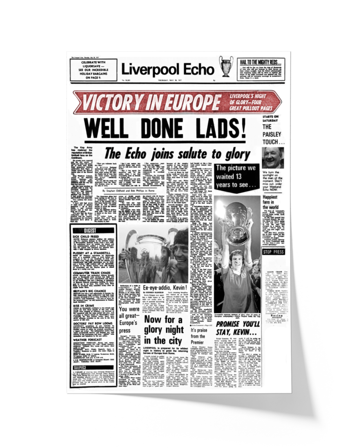 1977 Liverpool Football "Well Done Lads!" European Cup Champions Framed Newspaper - TitleGameFrames.com