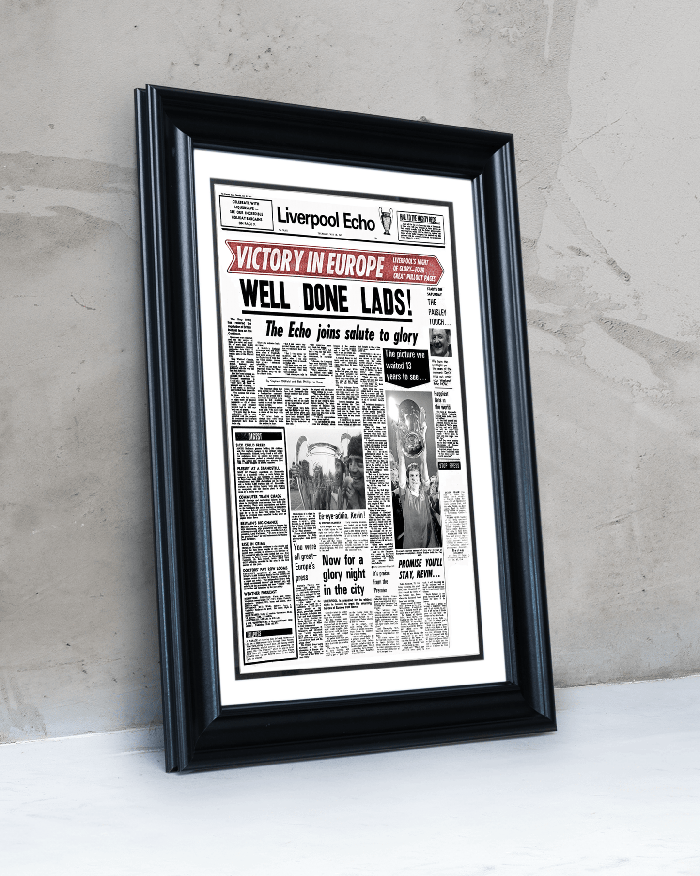 1977 Liverpool Football "Well Done Lads!" European Cup Champions Framed Newspaper - TitleGameFrames.com