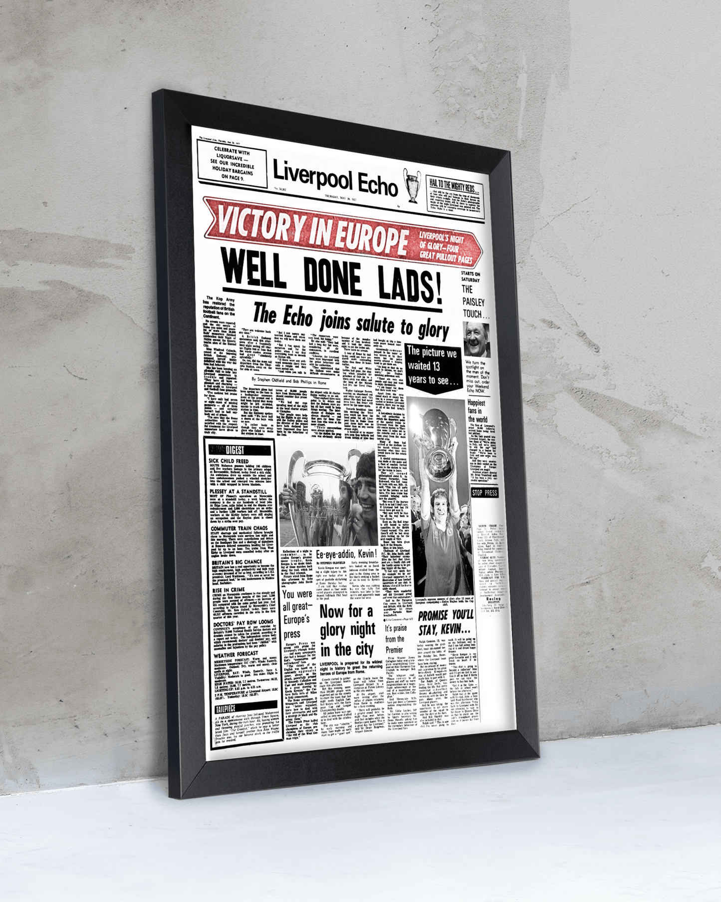 1977 Liverpool Football "Well Done Lads!" European Cup Champions Framed Newspaper - TitleGameFrames.com