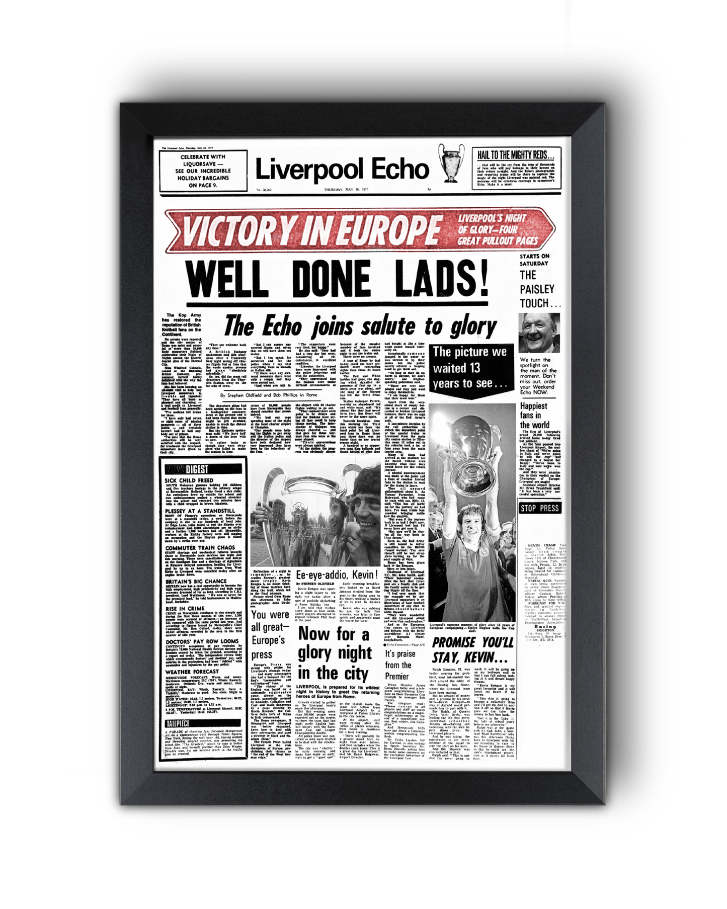 1977 Liverpool Football "Well Done Lads!" European Cup Champions Framed Newspaper - TitleGameFrames.com