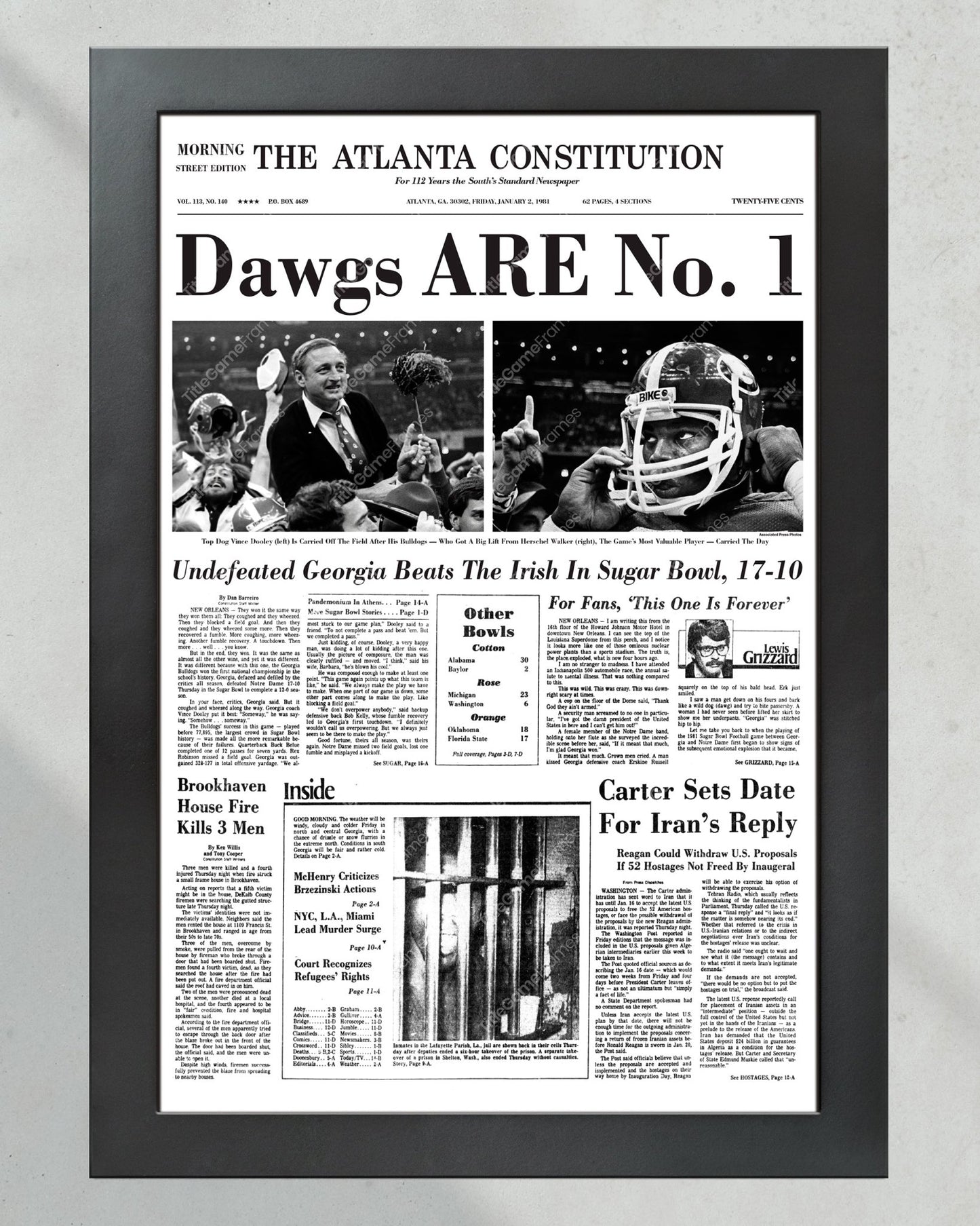1980 Georgia Bulldogs National Champions Framed Front Page Newspaper Print UGA - Title Game Frames
