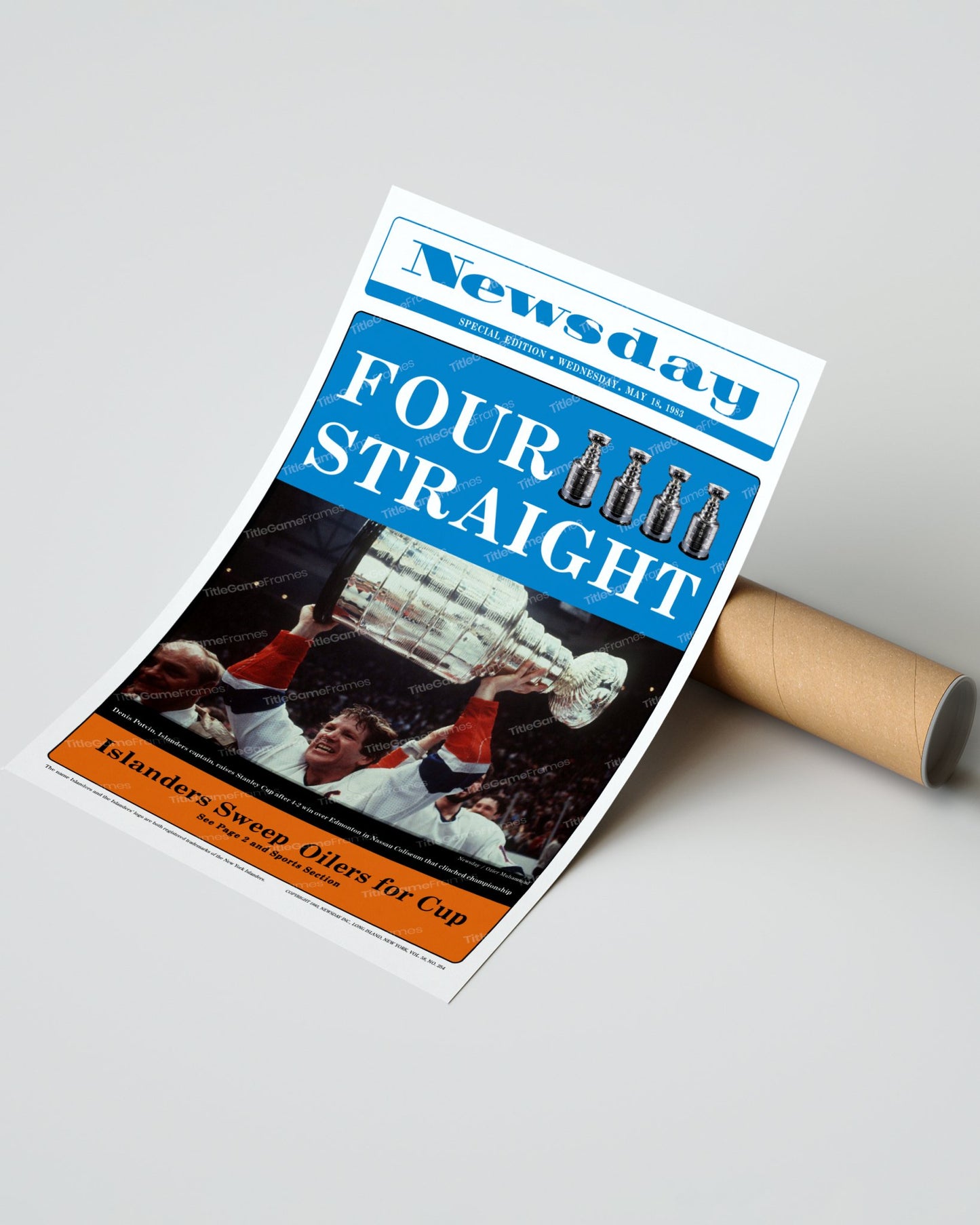 1983 New York Islanders Four Straight Stanley Cup Victory - Exclusive Framed Newspaper - Title Game Frames