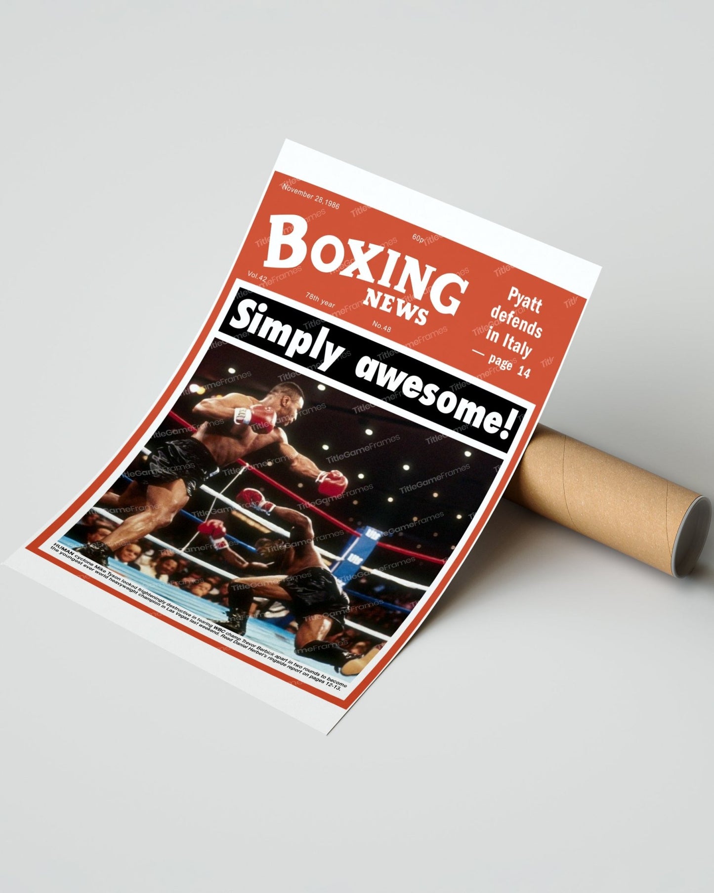 1986 Mike Tyson Defeats Trevor Berbick to become the Youngest Heavyweight Champion Front Page Newspaper Print - Title Game Frames