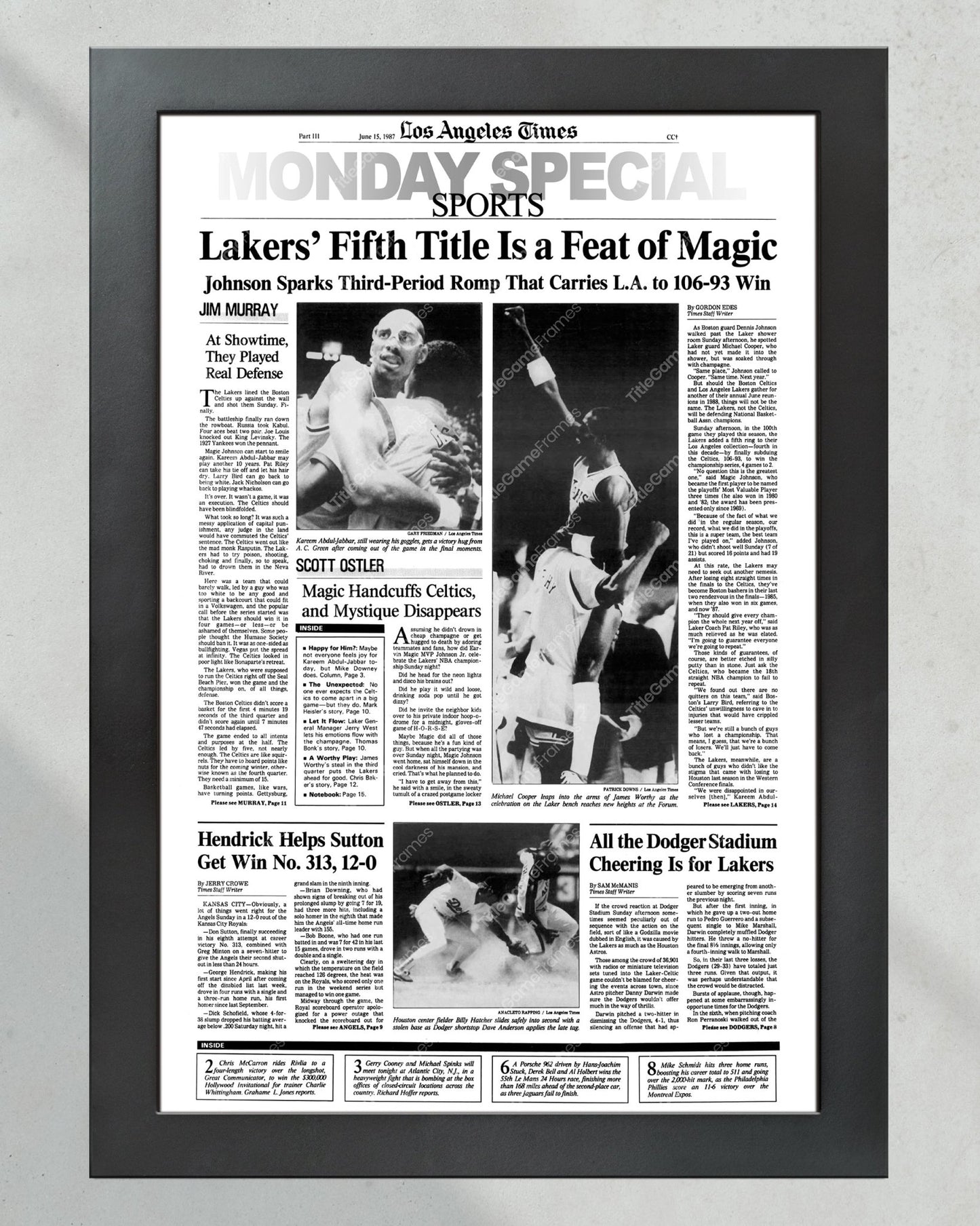 1987 Los Angeles Lakers NBA Champion Framed Front Page Newspaper Print - Title Game Frames