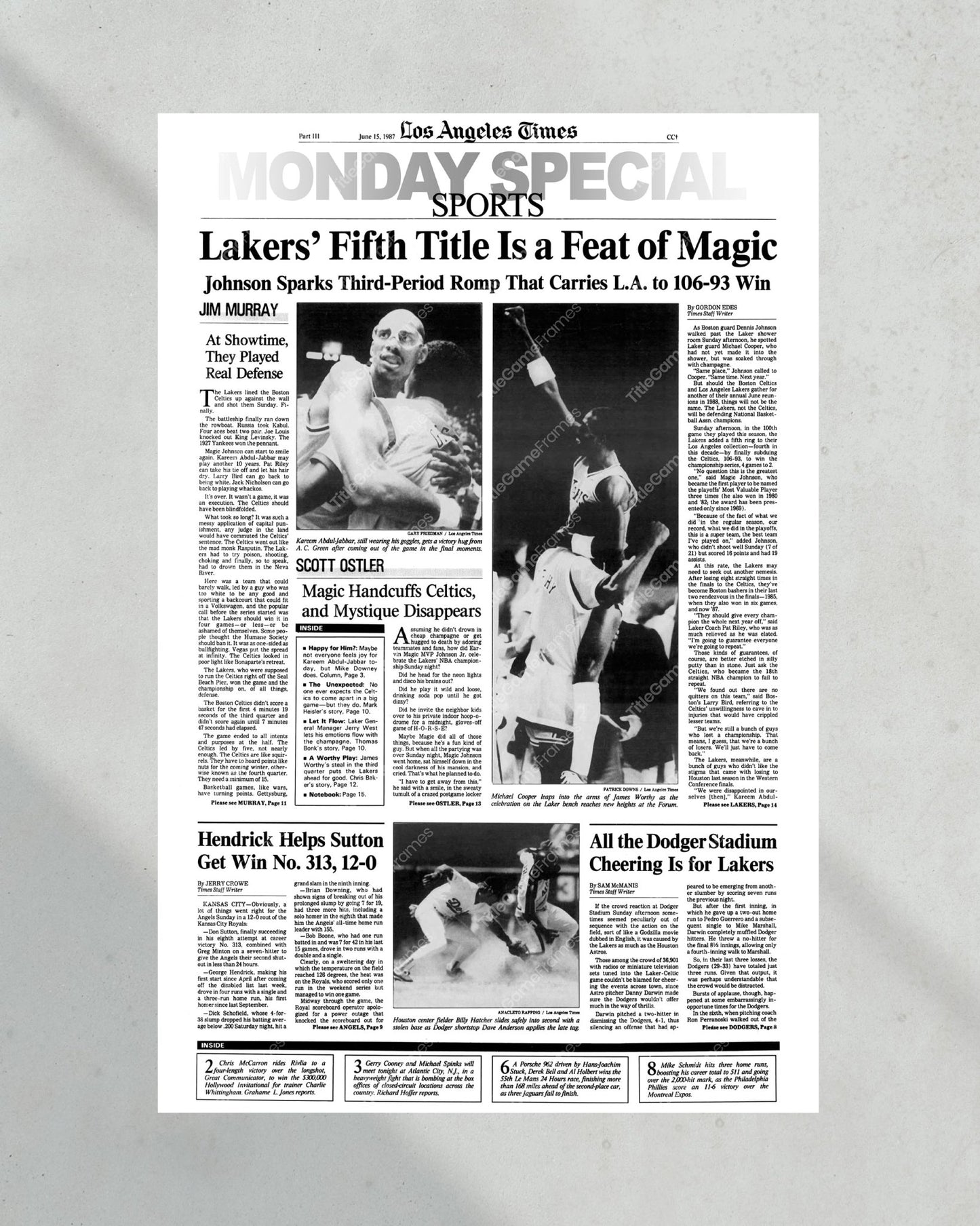 1987 Los Angeles Lakers NBA Champion Framed Front Page Newspaper Print - Title Game Frames