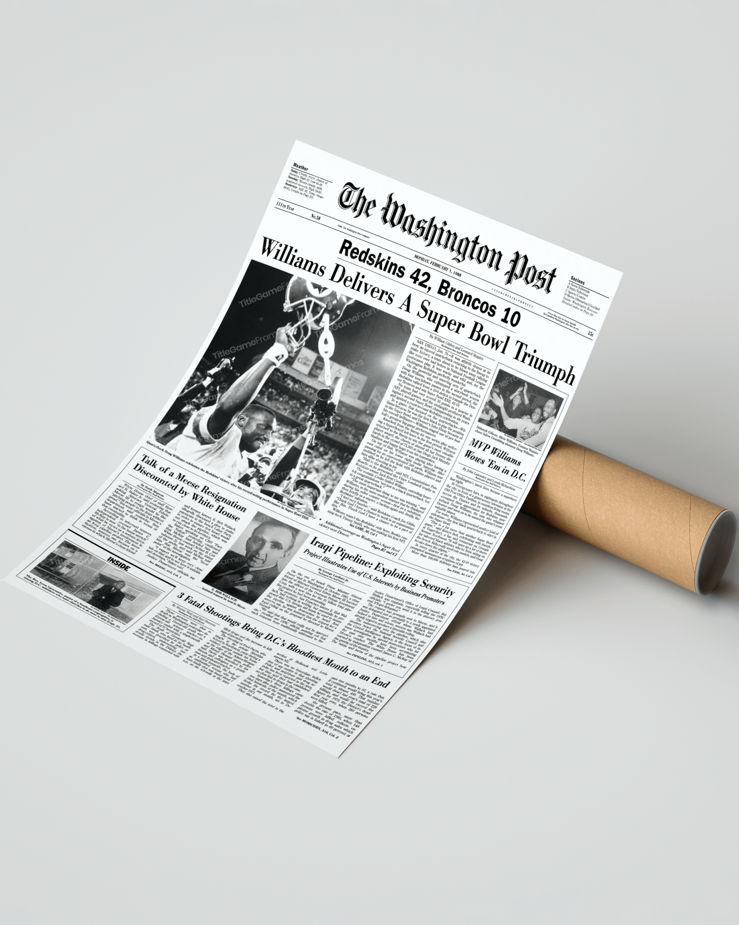 1988 Washington Commanders Super Bowl XXII Framed Front Page Newspaper - Title Game Frames