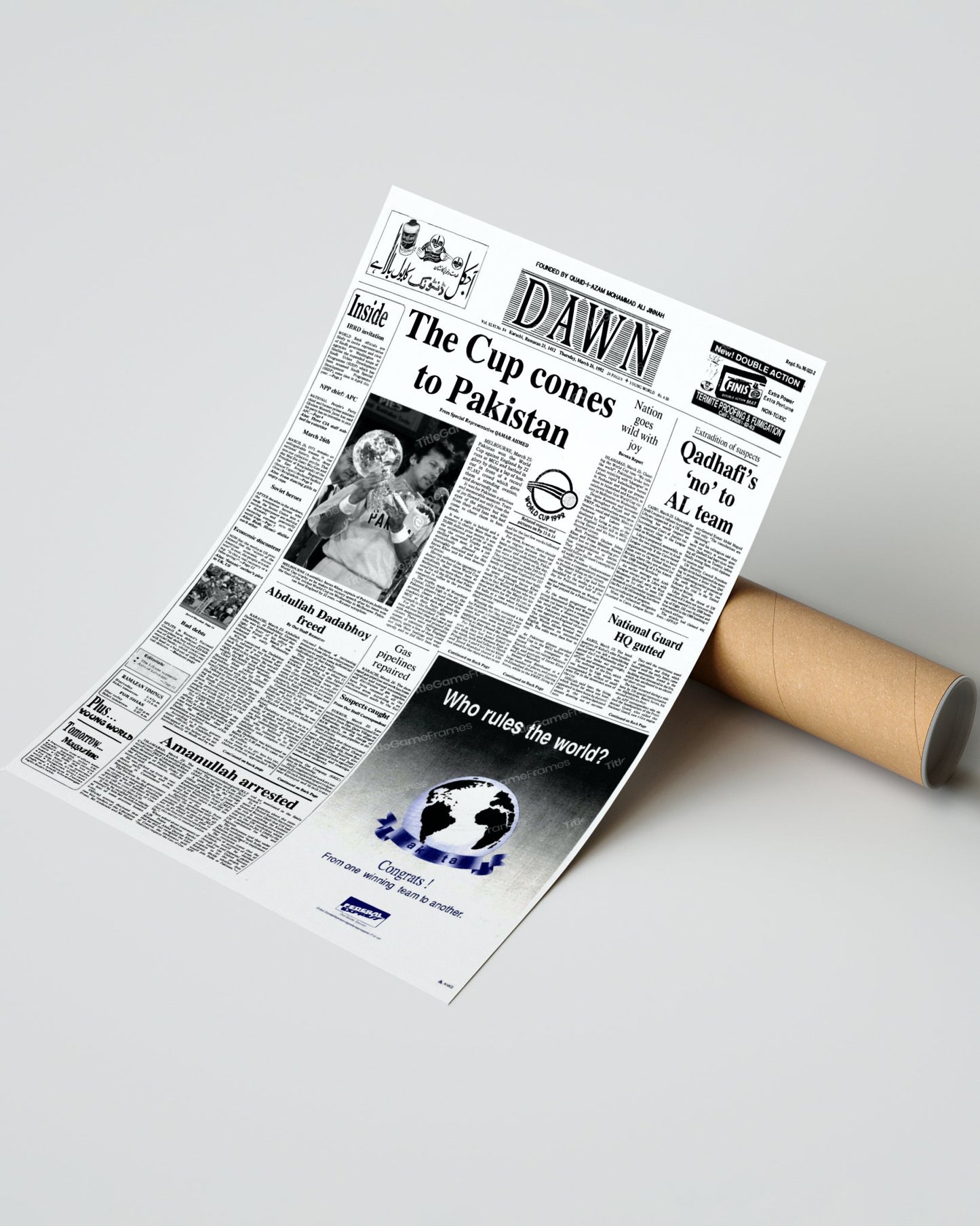 1992 Pakistan's Historic Cricket World Cup Victory Framed Newspaper - Title Game Frames