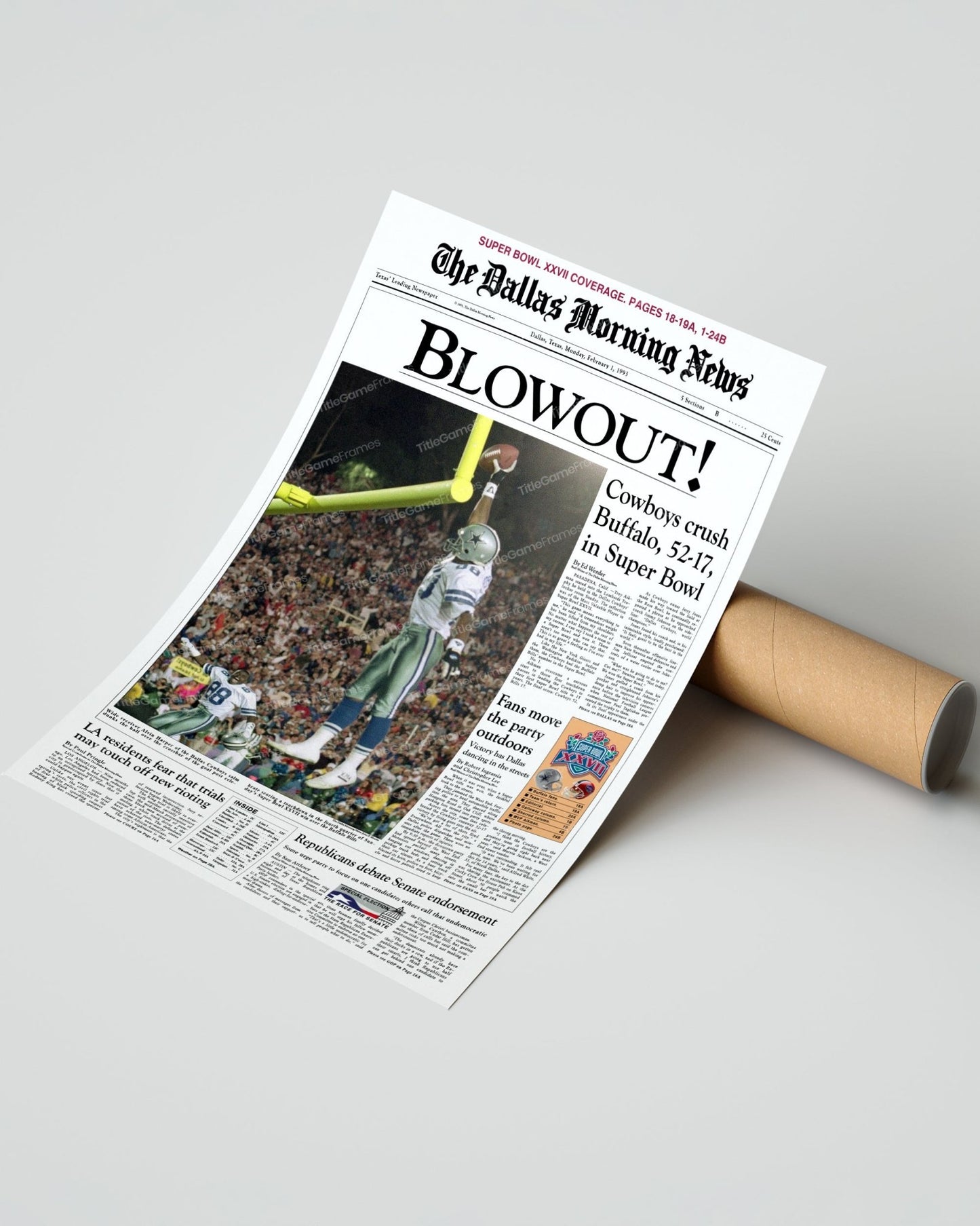 1993 Dallas Cowboys Super Bowl Champions Framed Front Page Newspaper Print - Title Game Frames