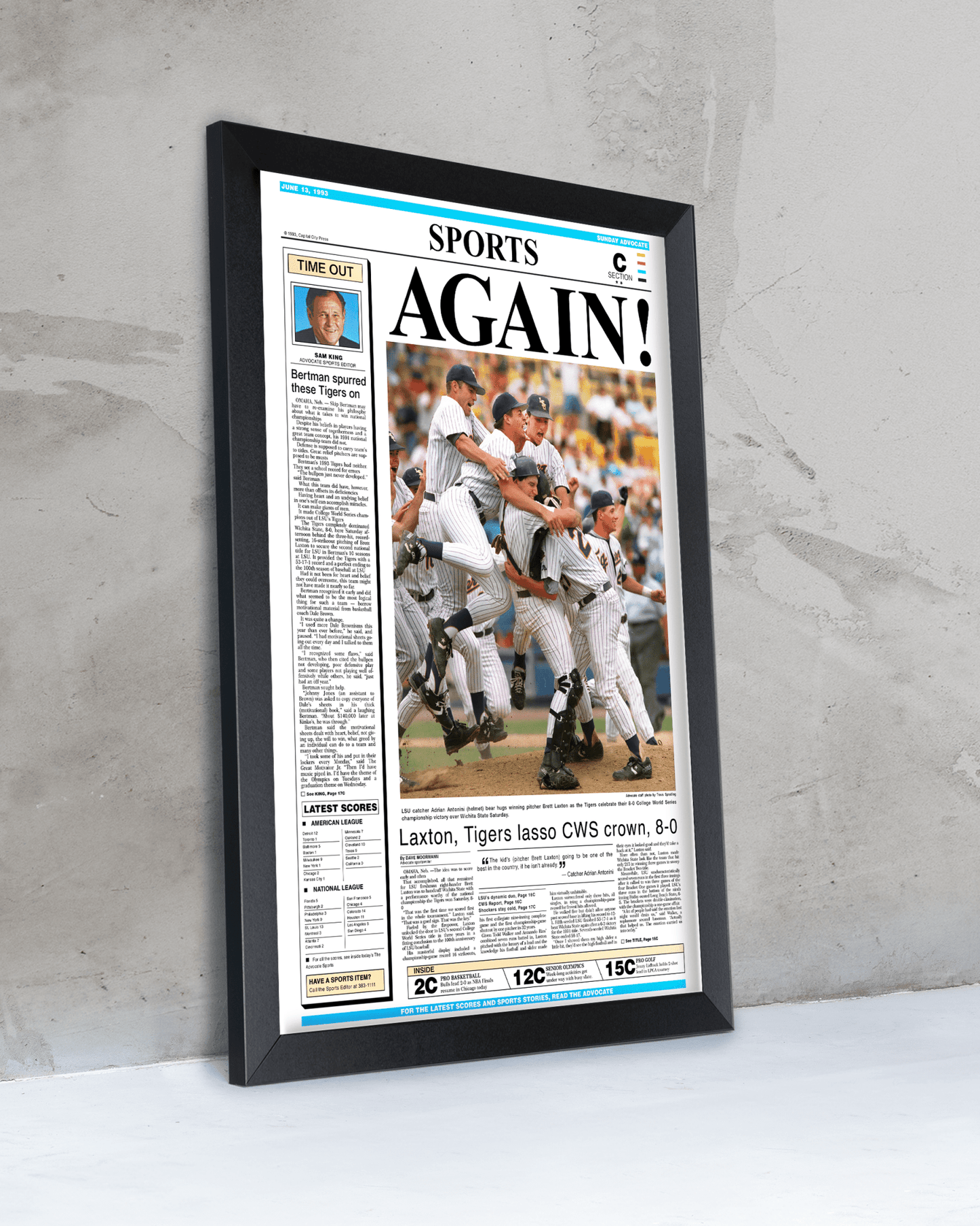 1993 LSU Tigers ‘AGAIN!’ - College World Series Champions Framed Newspaper Print - TitleGameFrames.com