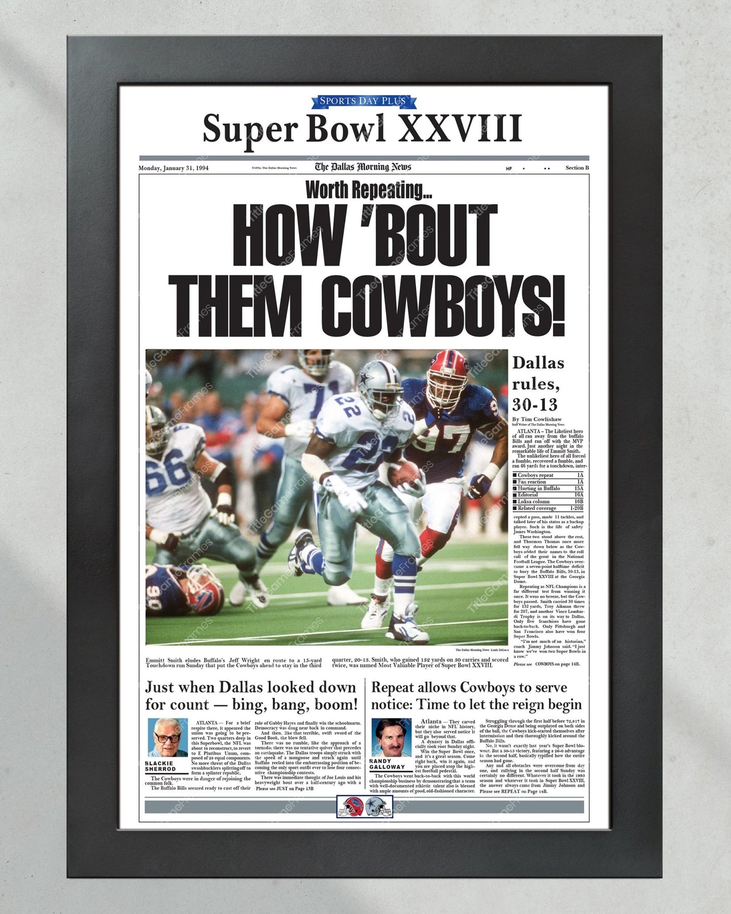 1994 Dallas Cowboys Super Bowl Champion Framed Newspaper Cover Print Cowboy Stadium - Title Game Frames