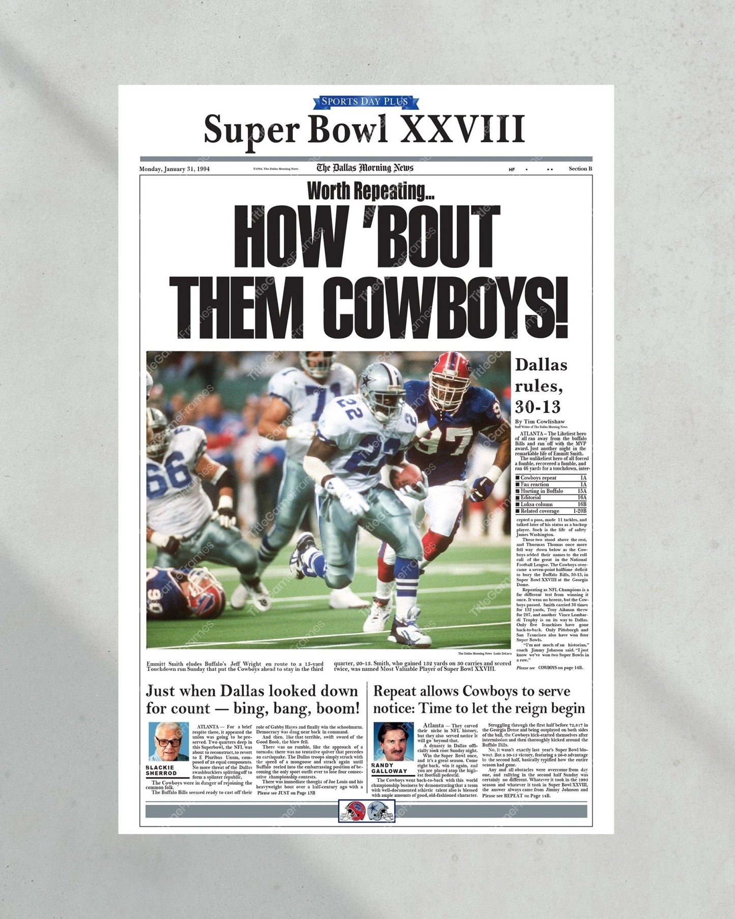 1994 Dallas Cowboys Super Bowl Champion Framed Newspaper Cover Print Cowboy Stadium - Title Game Frames