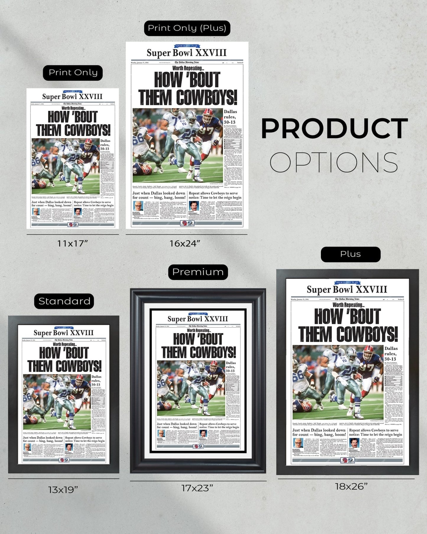 1994 Dallas Cowboys Super Bowl Champion Framed Newspaper Cover Print Cowboy Stadium - Title Game Frames