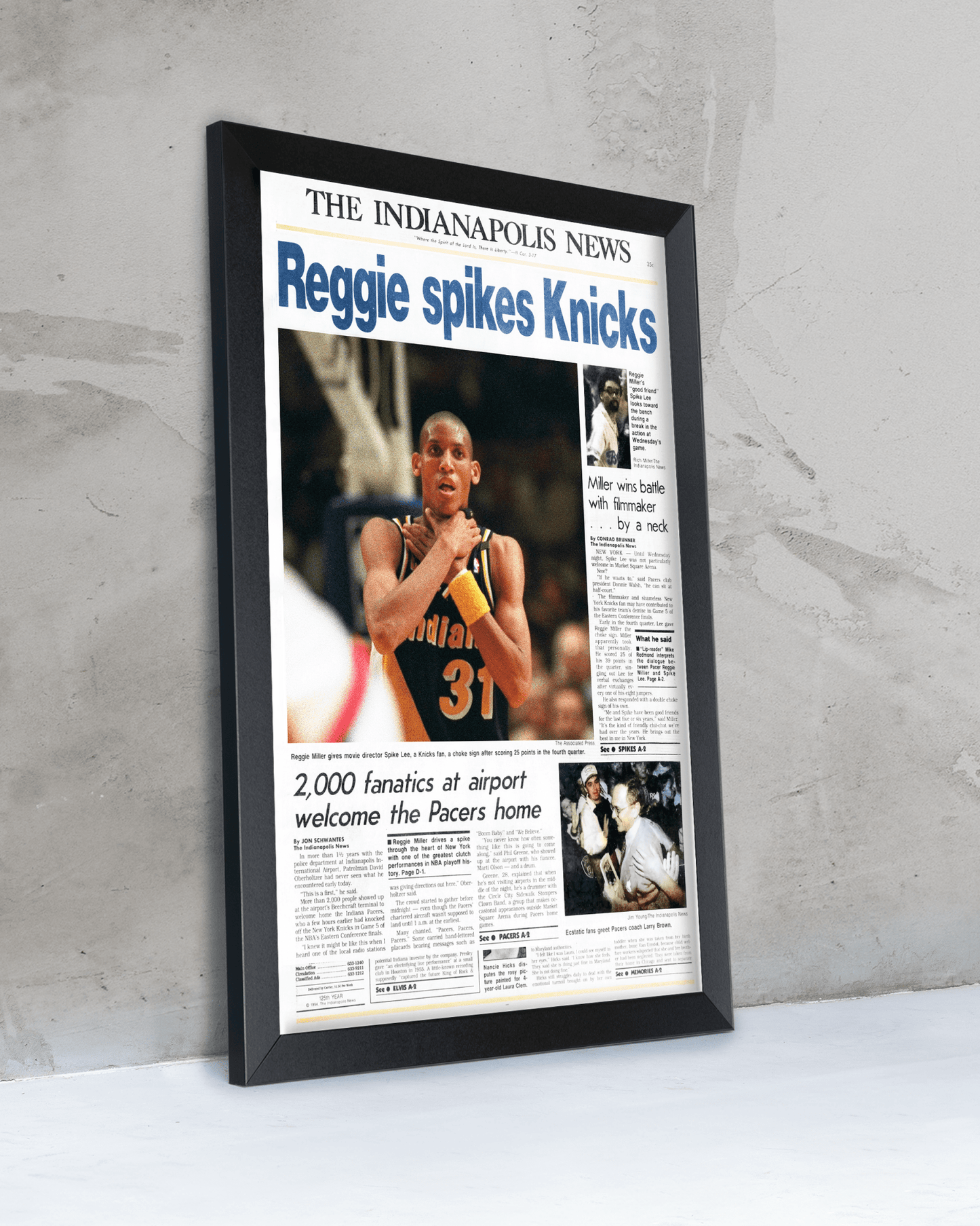 1994 Indiana Pacers “Reggie Spikes Knicks” The Original Choke Sign Framed Newspaper - TitleGameFrames.com