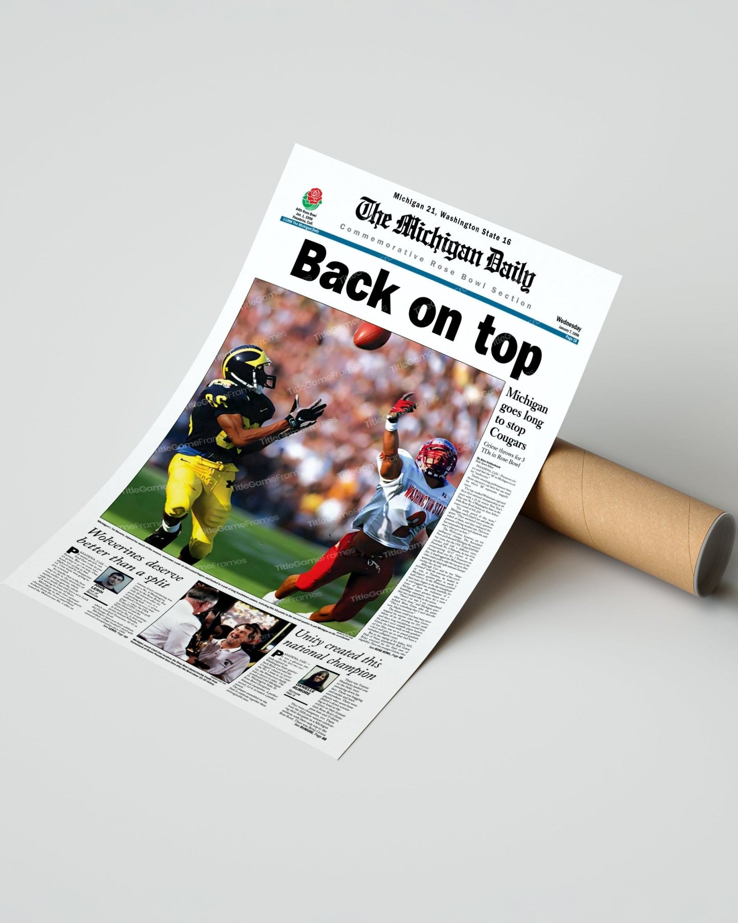 1997 Michigan Wolverines NCAA College Football National Champions 'Back on top' Framed Front Page Newspaper Print - Title Game Frames