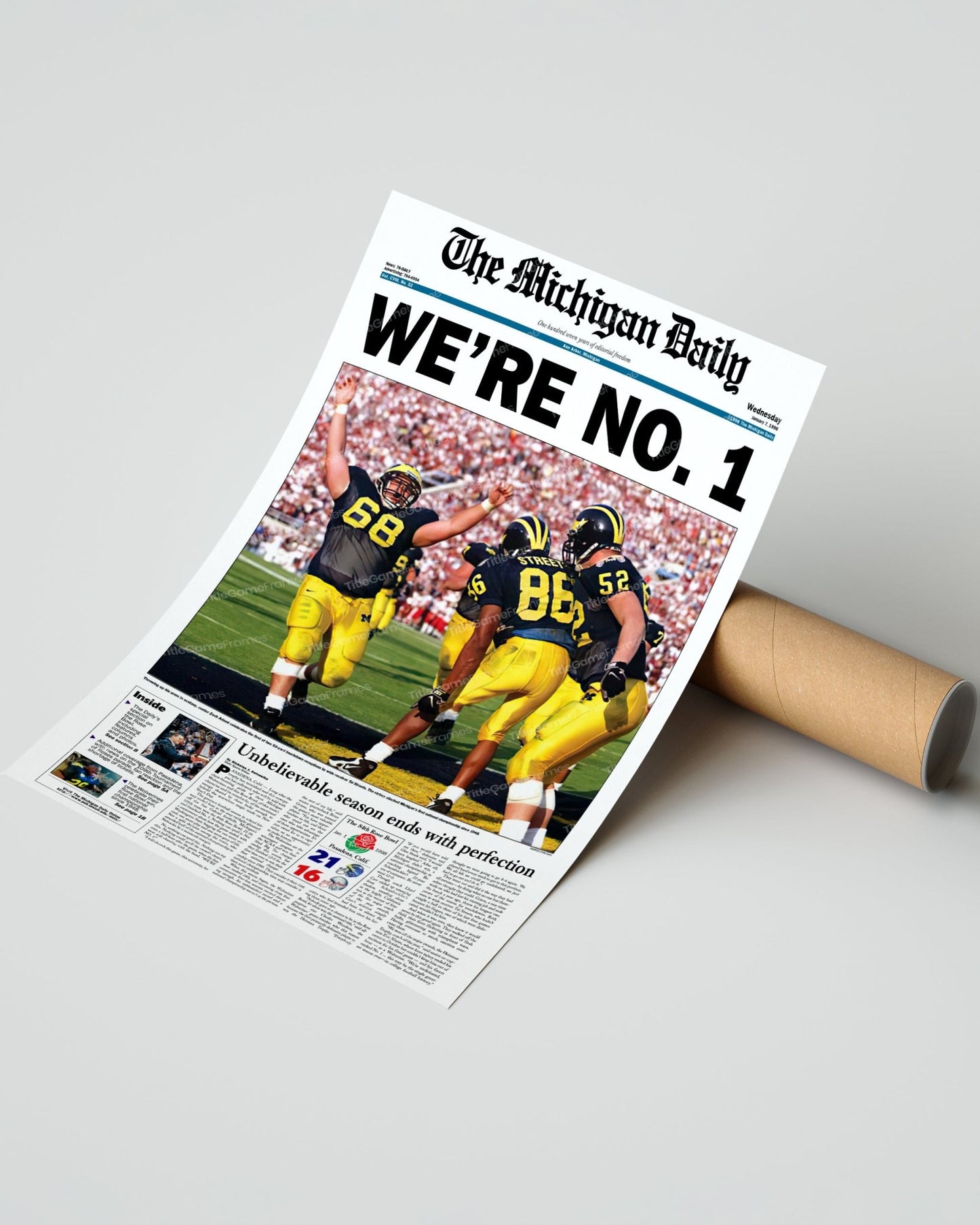 1997 Michigan Wolverines Rose Bowl Champions: 'WE'RE NO. 1' - Framed Newspaper Print - Title Game Frames