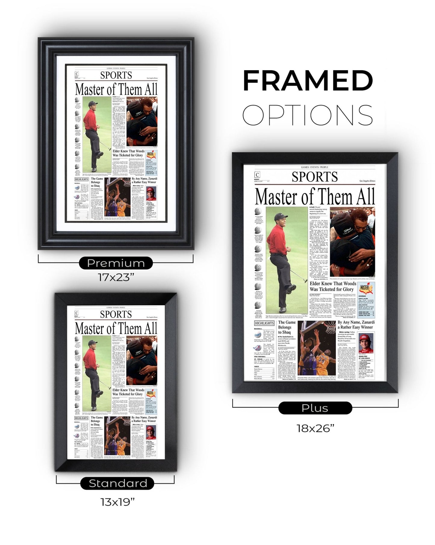1997 Tiger Woods Masters Champion Framed Front Page Newspaper Print - TitleGameFrames.com