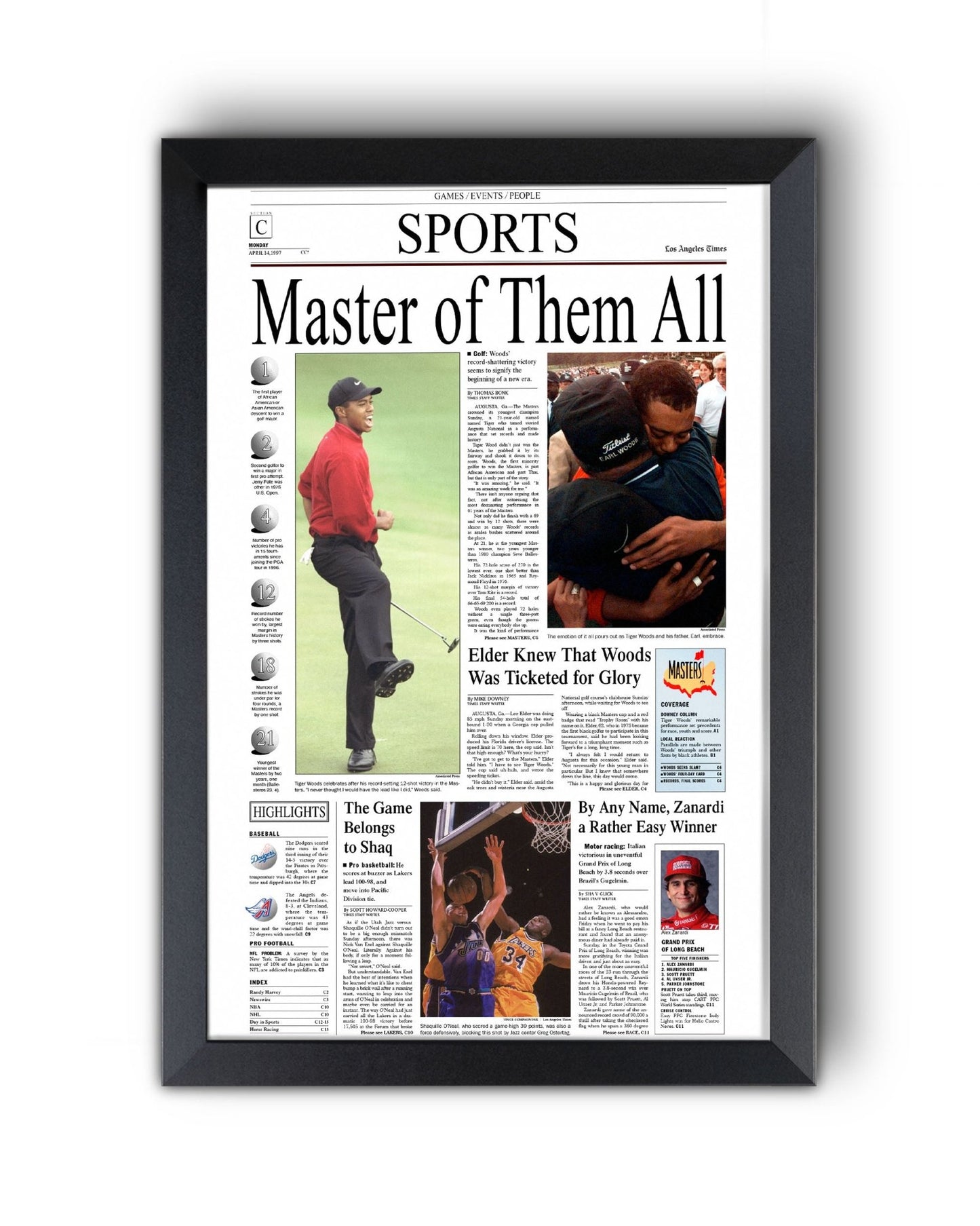 1997 Tiger Woods Masters Champion Framed Front Page Newspaper Print - TitleGameFrames.com