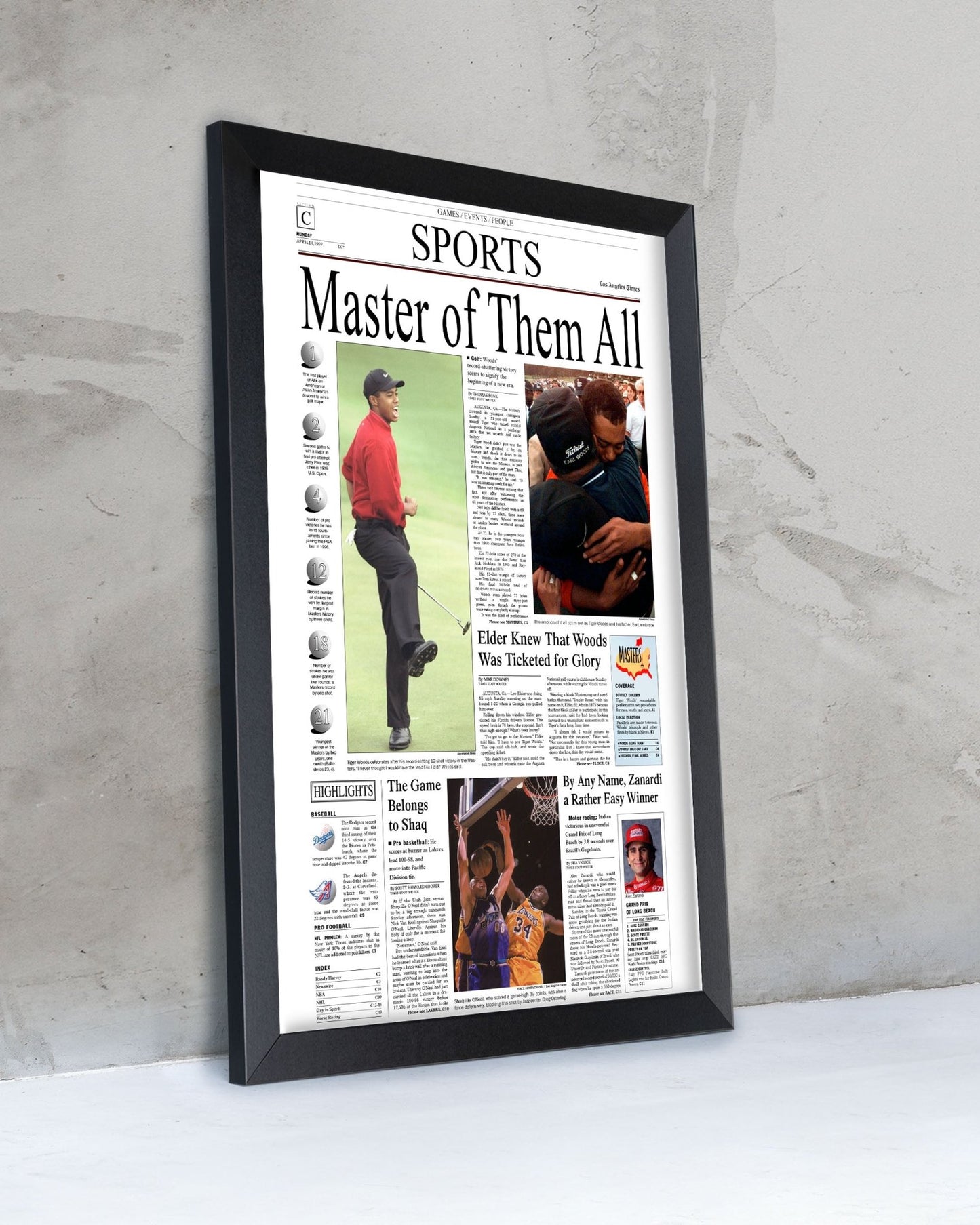 1997 Tiger Woods Masters Champion Framed Front Page Newspaper Print - TitleGameFrames.com