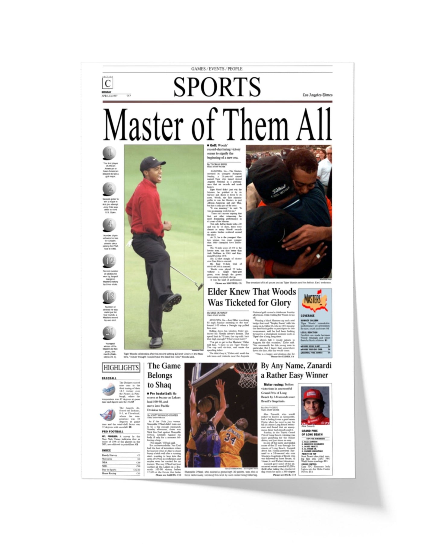 1997 Tiger Woods Masters Champion Framed Front Page Newspaper Print - TitleGameFrames.com