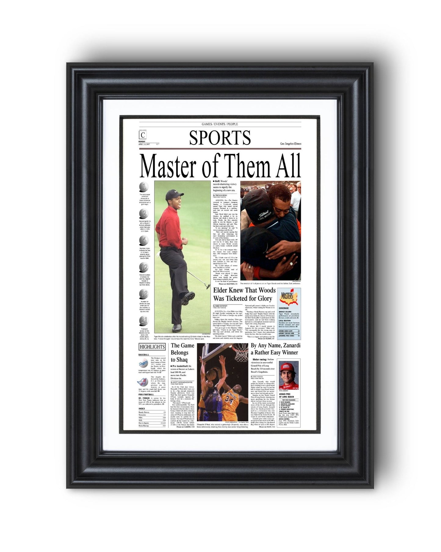 1997 Tiger Woods Masters Champion Framed Front Page Newspaper Print - TitleGameFrames.com