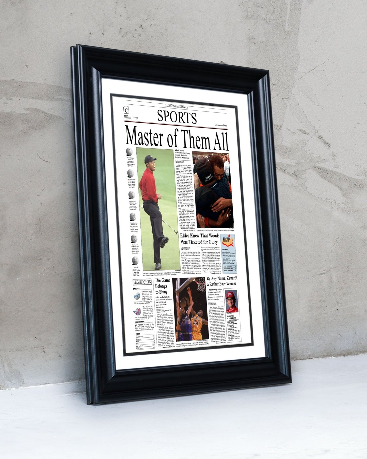 1997 Tiger Woods Masters Champion Framed Front Page Newspaper Print - TitleGameFrames.com