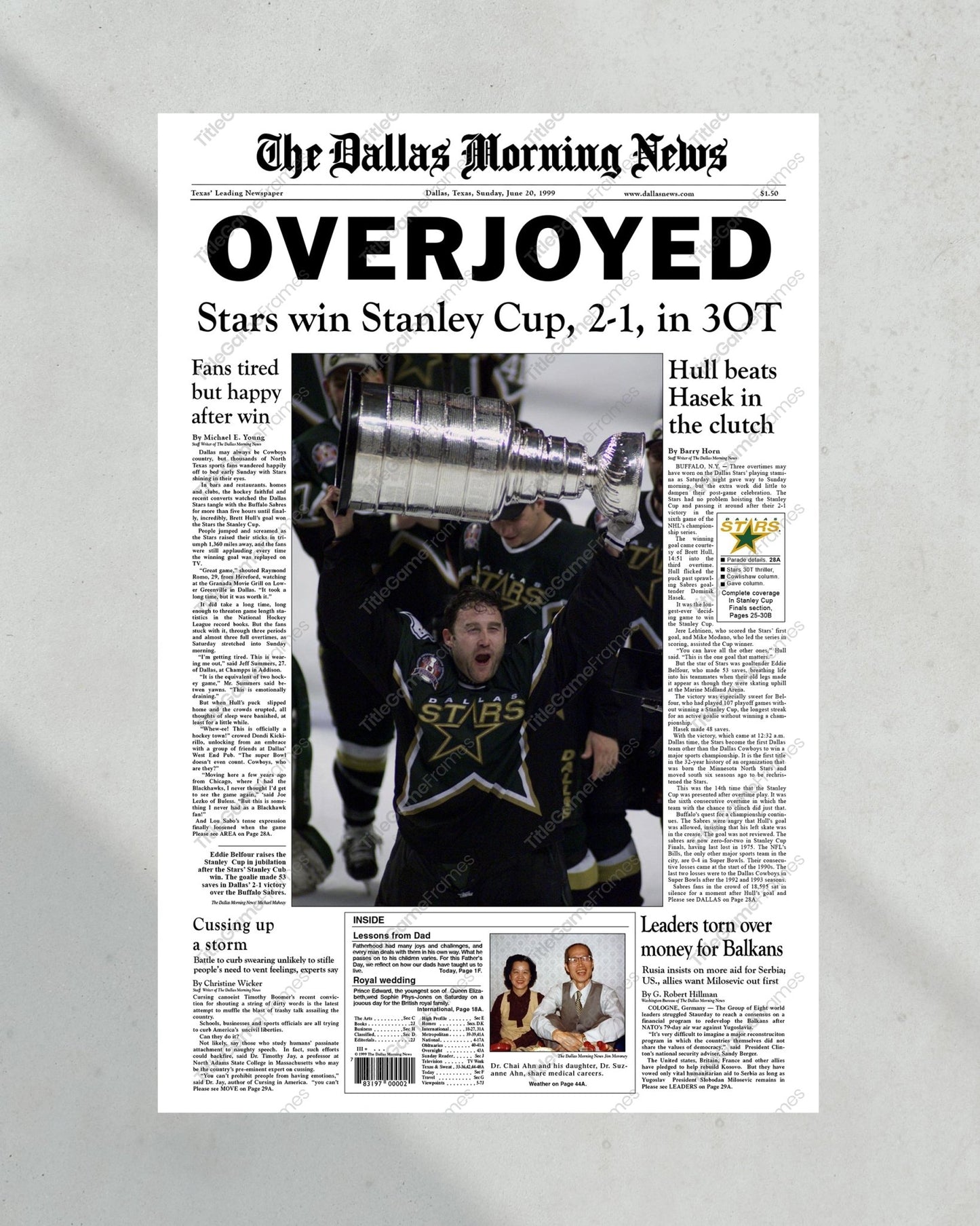 1999 Dallas Stars Stanley Cup Champion Framed Front Page Newspaper - TitleGameFrames.com