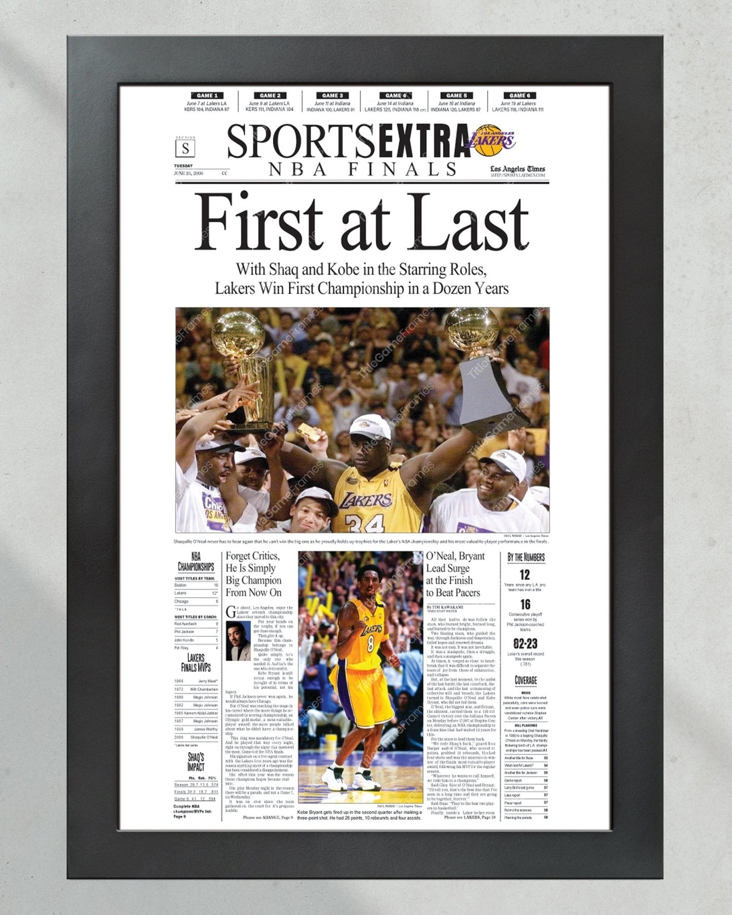 2000 Los Angeles Lakers NBA Champions Framed Newspaper Front Page Newspaper Print Kobe and Shaq Staples Center - Title Game Frames