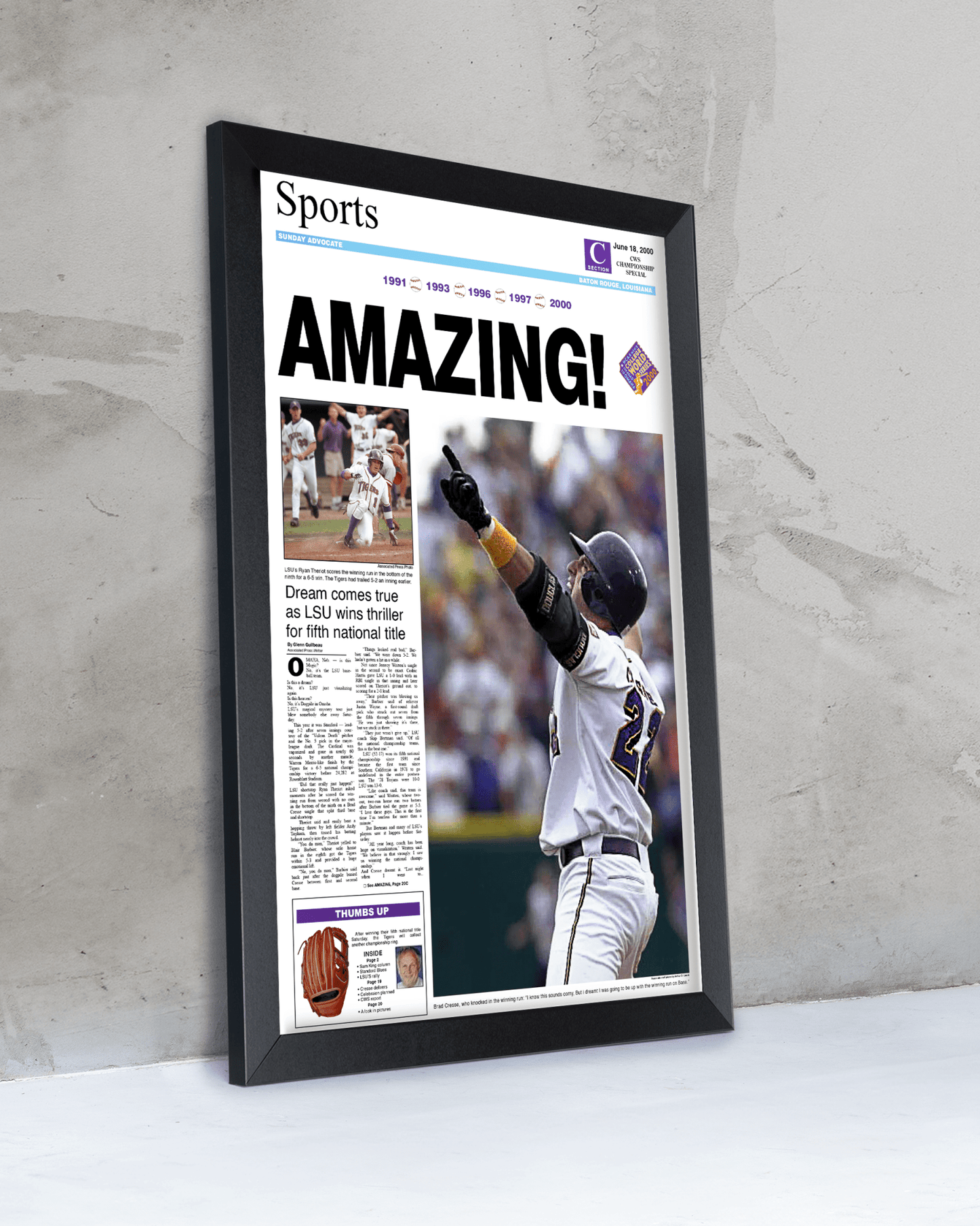 2000 LSU Tigers 'AMAZING!' College World Series Champions Framed Newspaper Print - TitleGameFrames.com