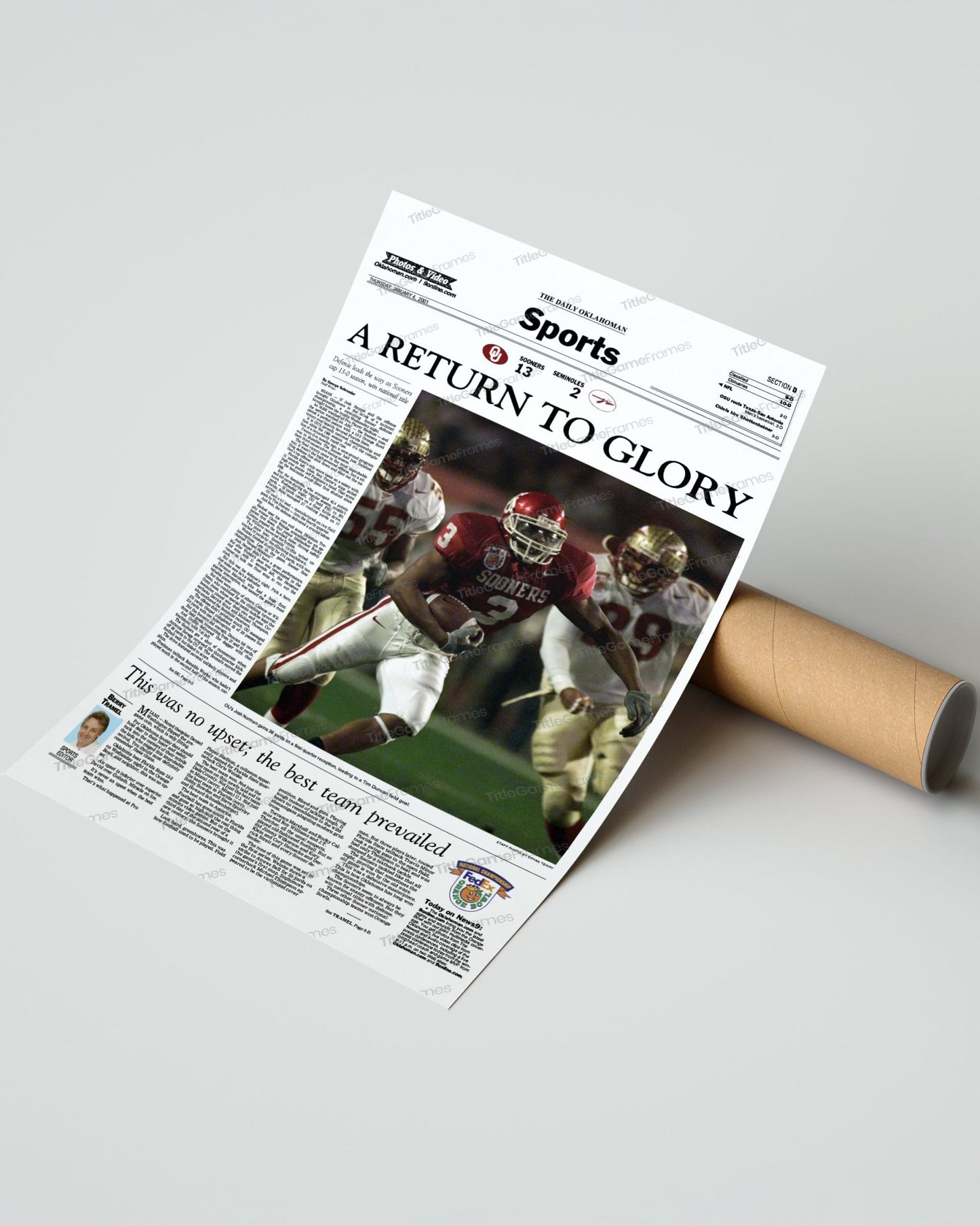 2000 Oklahoma Sooners National Champions 'A Return to Glory' Framed Newspaper - TitleGameFrames.com