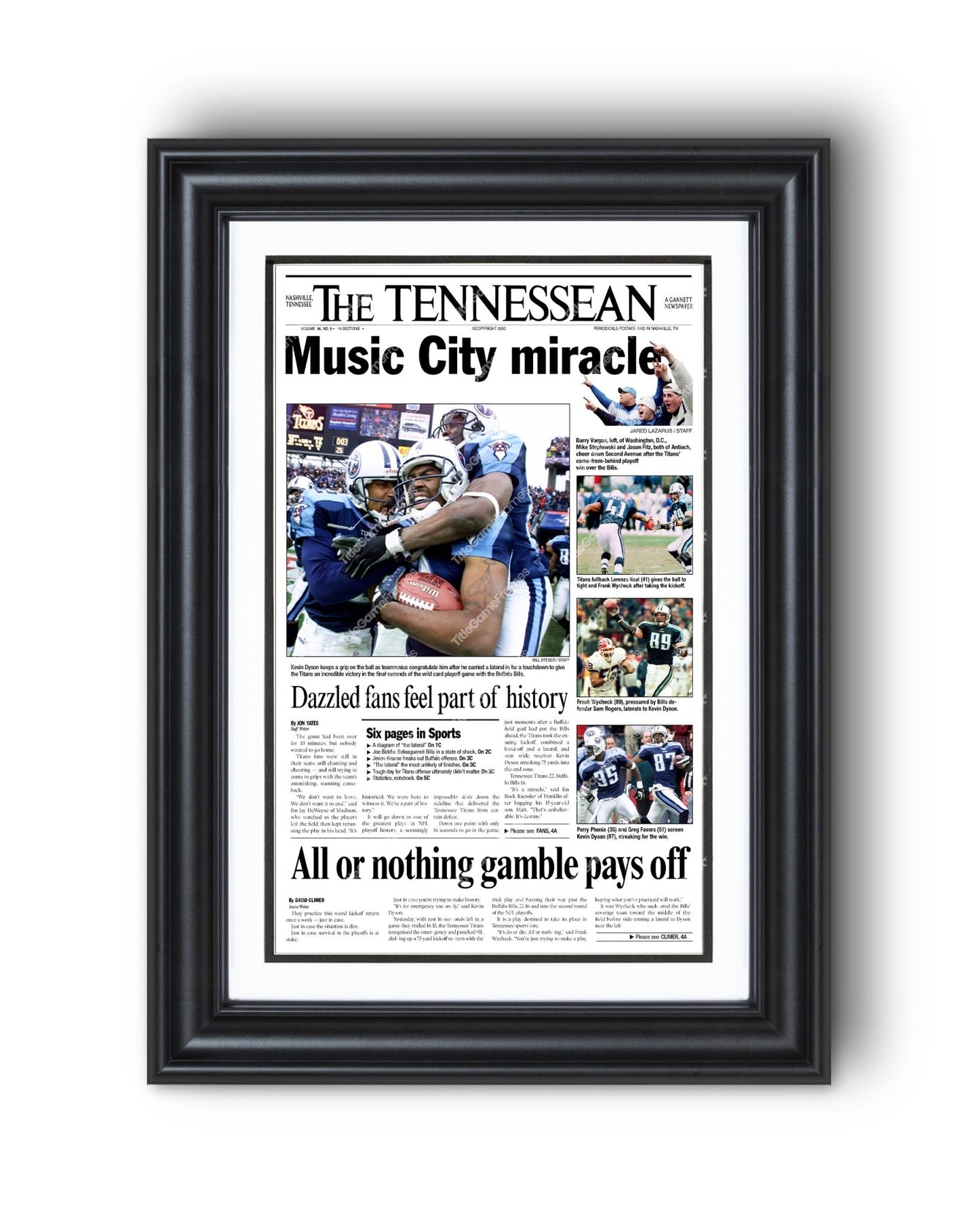 2000 Tennessee Titans 'Music City Miracle' Framed Newspaper - TitleGameFrames.com
