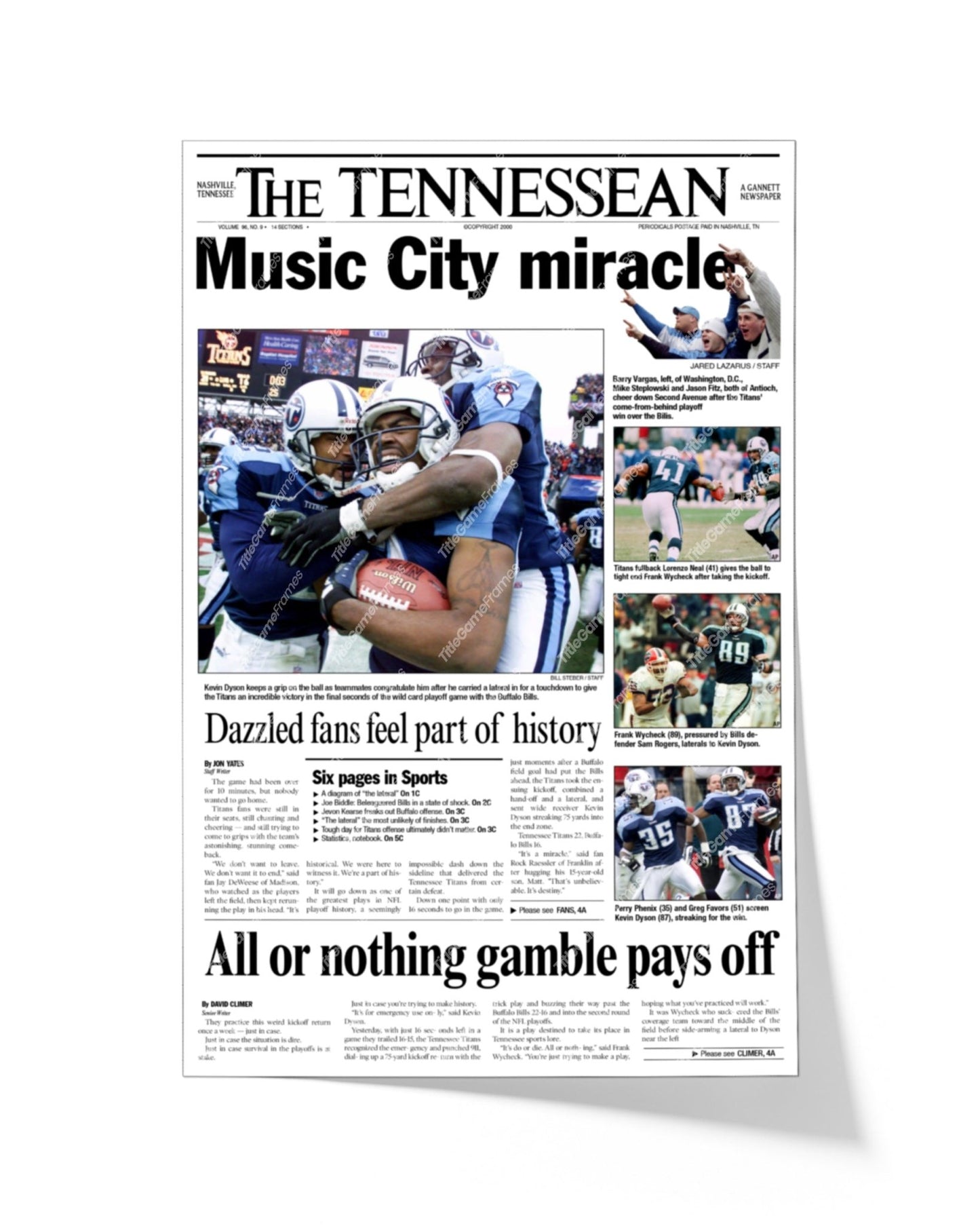 2000 Tennessee Titans 'Music City Miracle' Framed Newspaper - TitleGameFrames.com