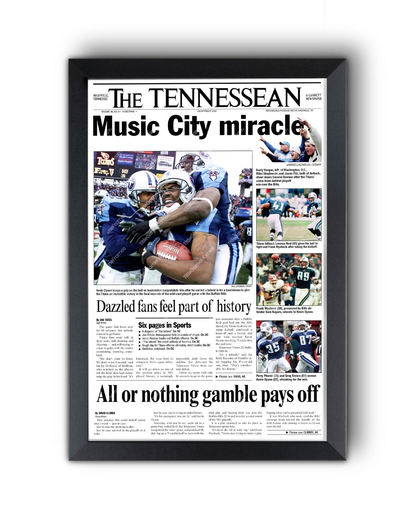 2000 Tennessee Titans 'Music City Miracle' Framed Newspaper - TitleGameFrames.com