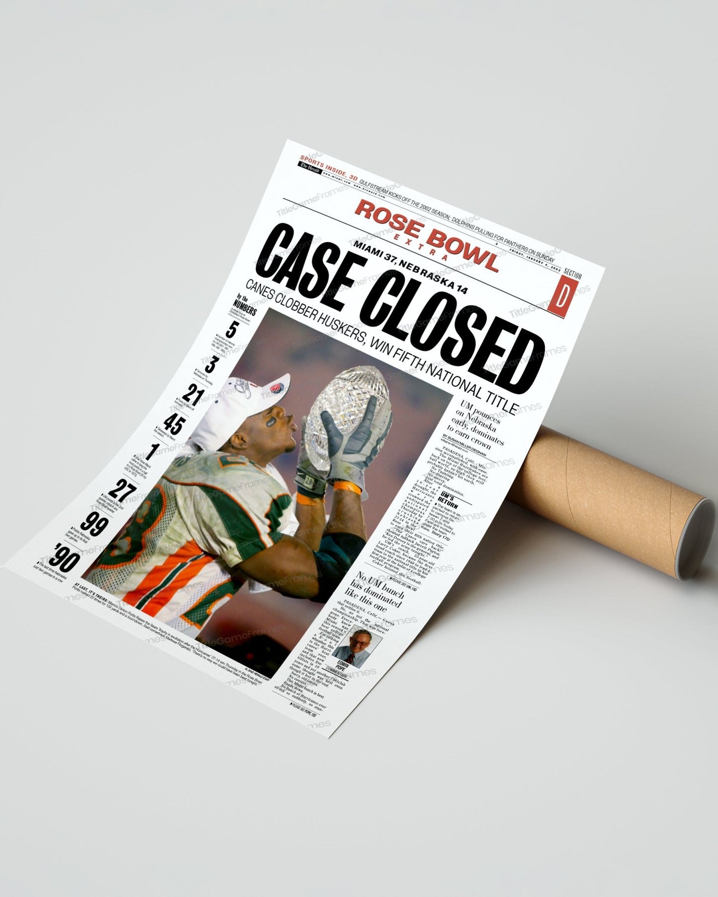 2001 Miami Hurricanes NCAA College Football National Champions Framed Front Page Newspaper Print - TitleGameFrames.com