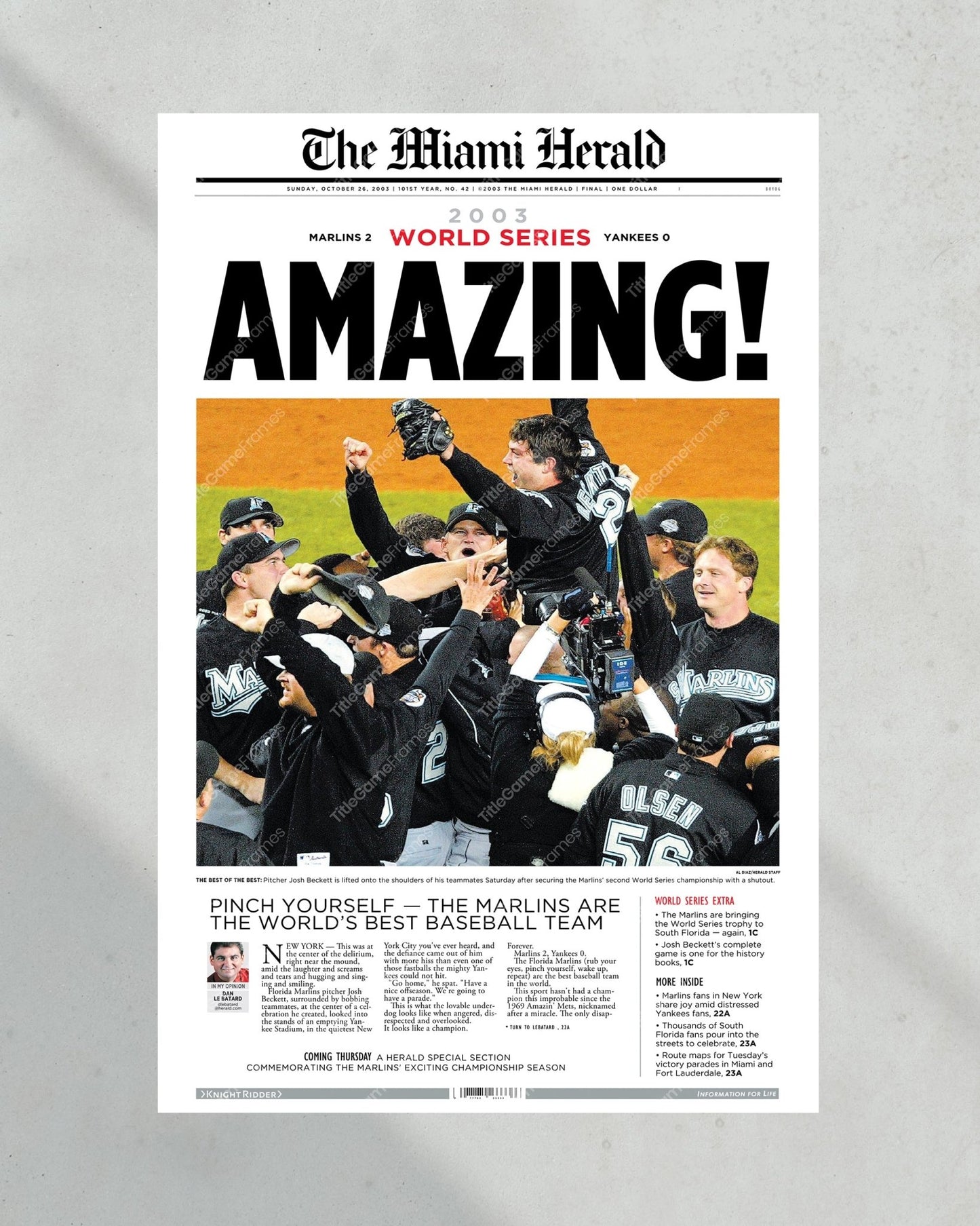 2003 Florida Miami Marlins World Series Champion Framed Newspaper Front Page Print Josh Beckett - TitleGameFrames.com