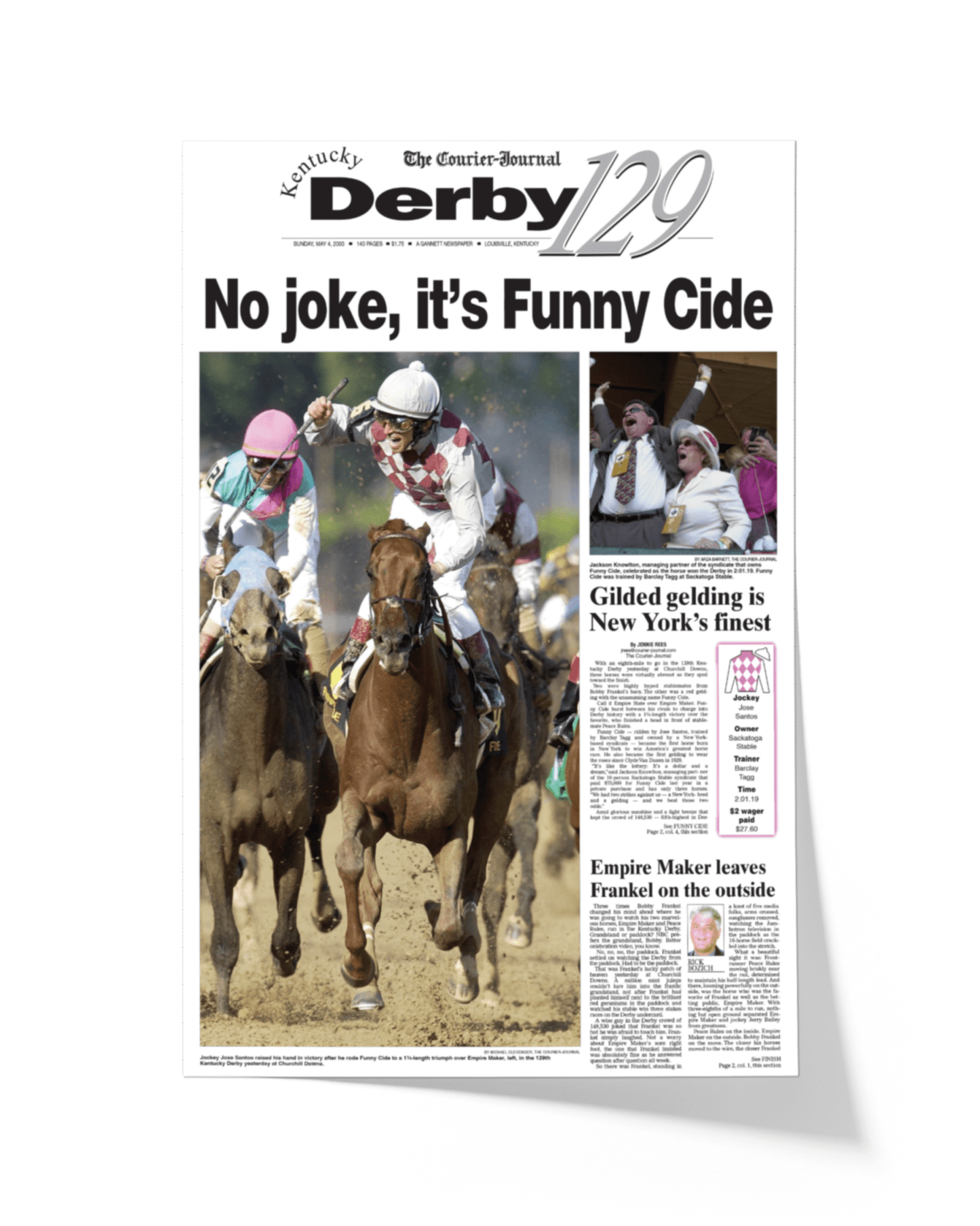 2003 Kentucky Derby "No Joke, Its Funny Cide" Winner Framed Newspaper - TitleGameFrames.com