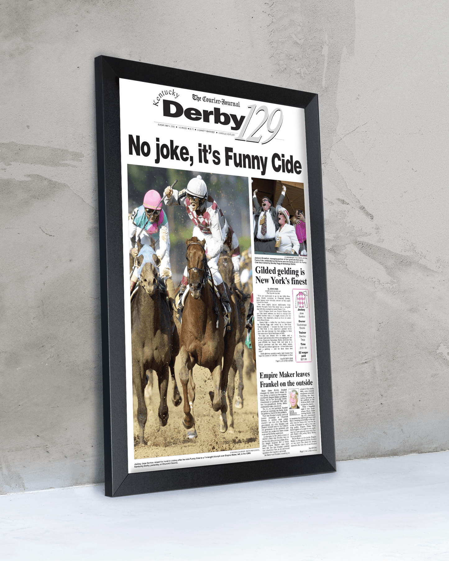 2003 Kentucky Derby "No Joke, Its Funny Cide" Winner Framed Newspaper - TitleGameFrames.com
