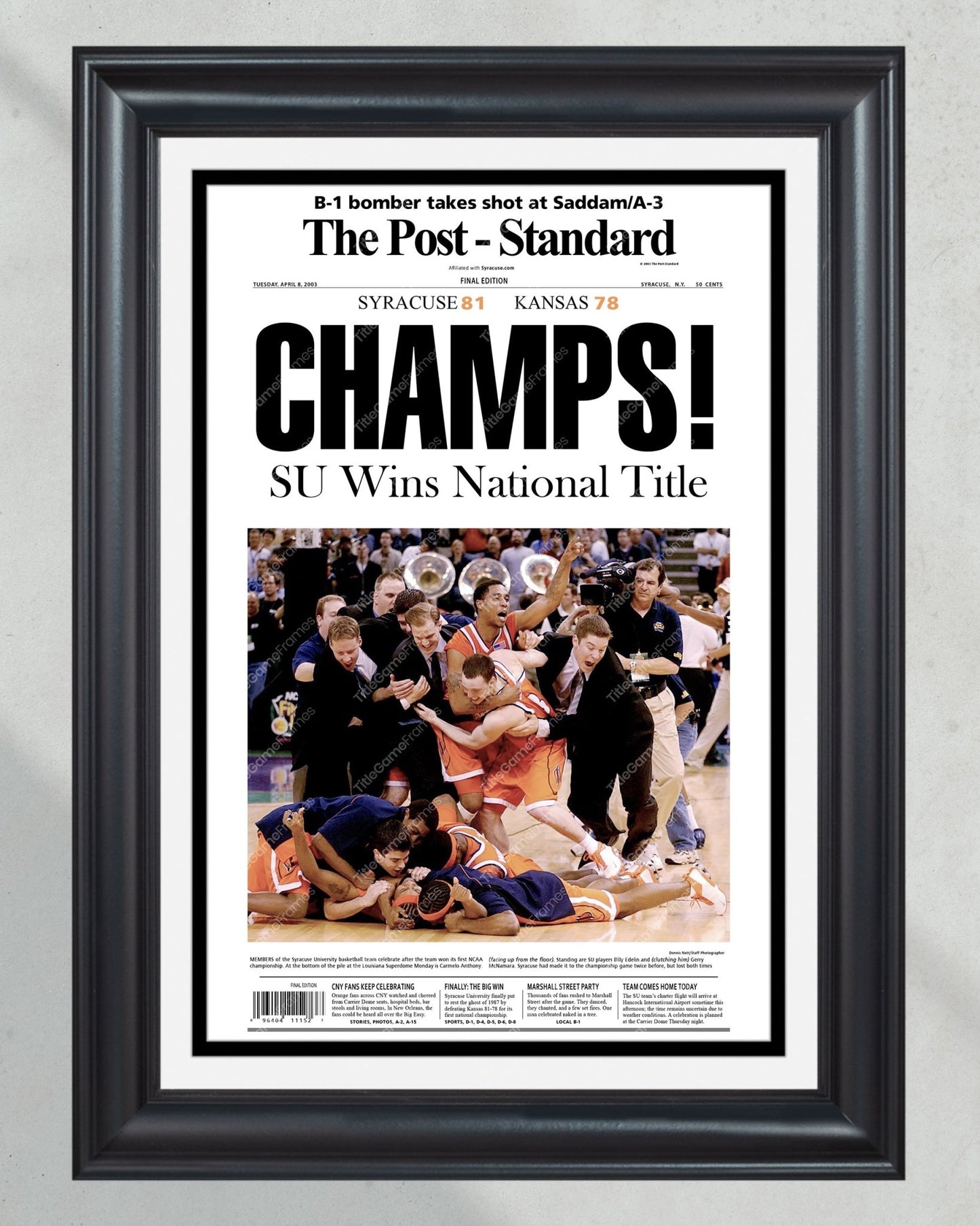 2003 Syracuse Orangemen NCAA College Basketball Champions Framed Front Page Newspaper Print - TitleGameFrames.com