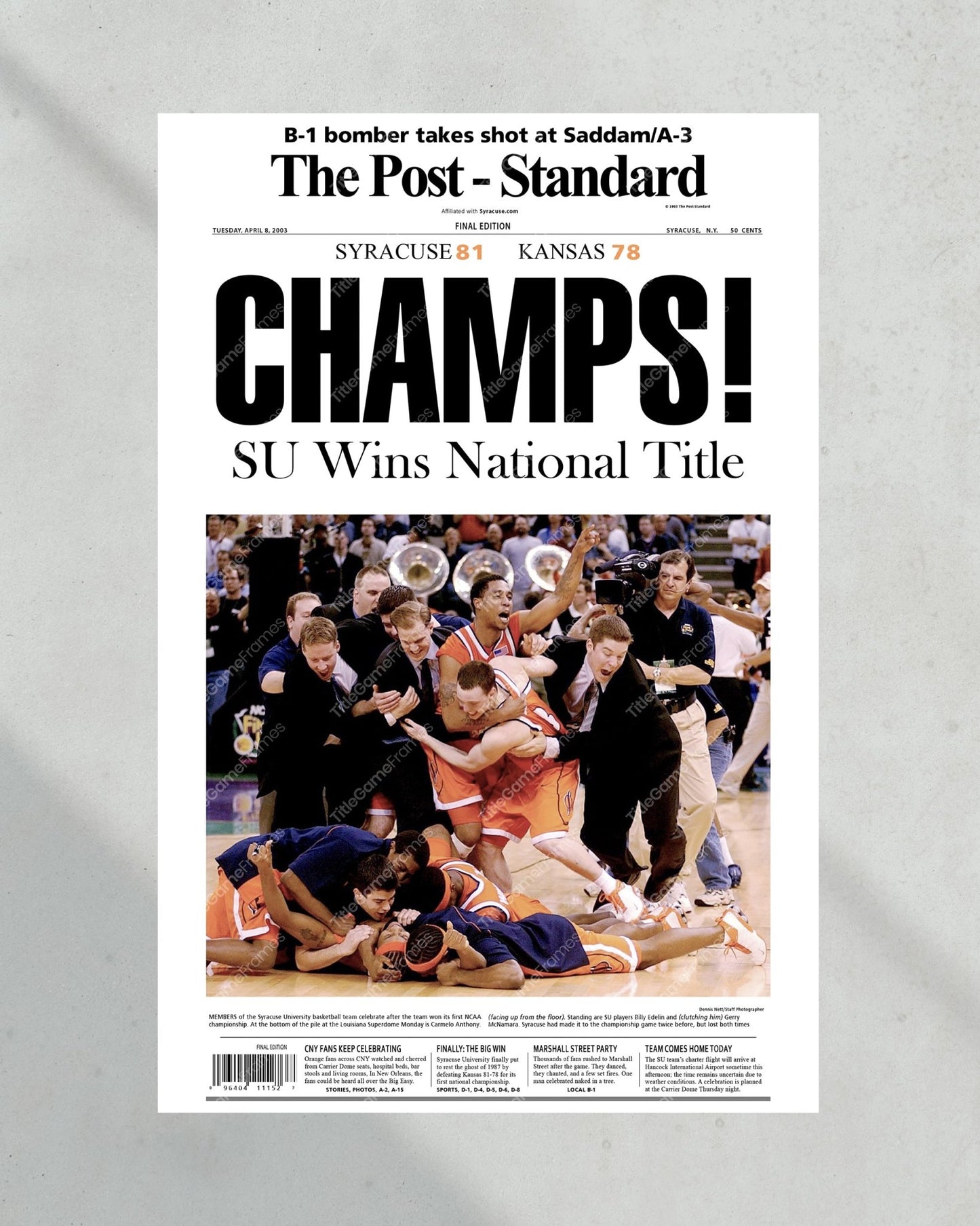 2003 Syracuse Orangemen NCAA College Basketball Champions Framed Front Page Newspaper Print - TitleGameFrames.com