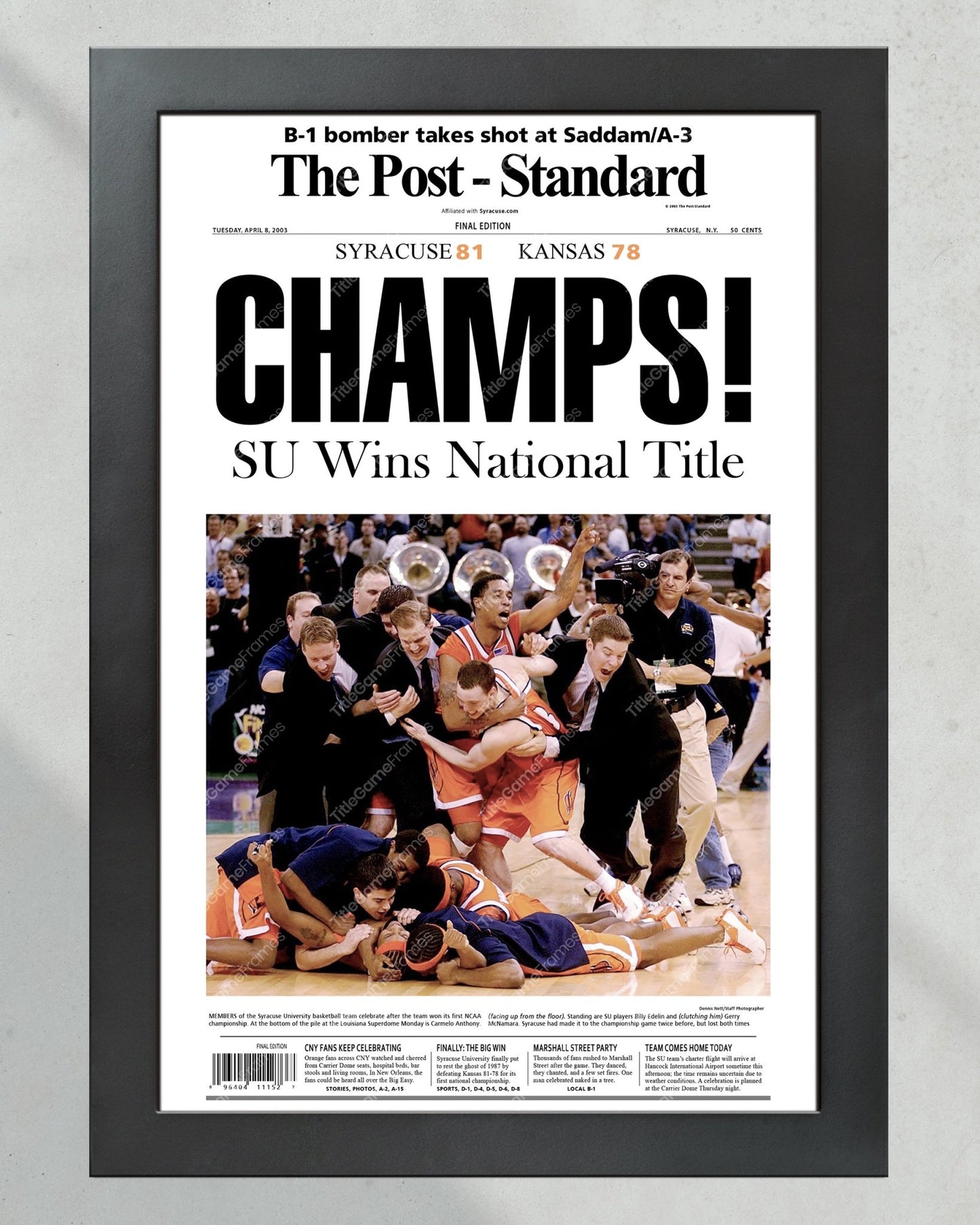 2003 Syracuse Orangemen NCAA College Basketball Champions Framed Front Page Newspaper Print - TitleGameFrames.com