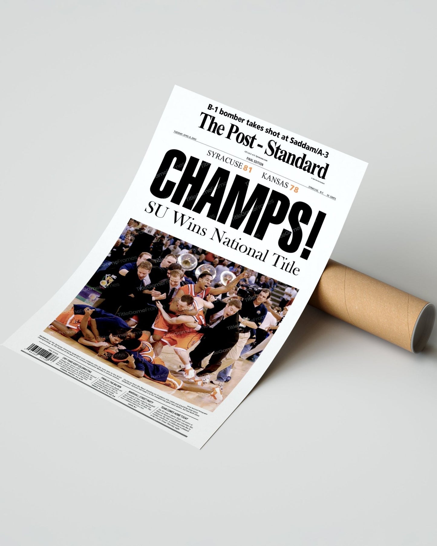 2003 Syracuse Orangemen NCAA College Basketball Champions Framed Front Page Newspaper Print - TitleGameFrames.com